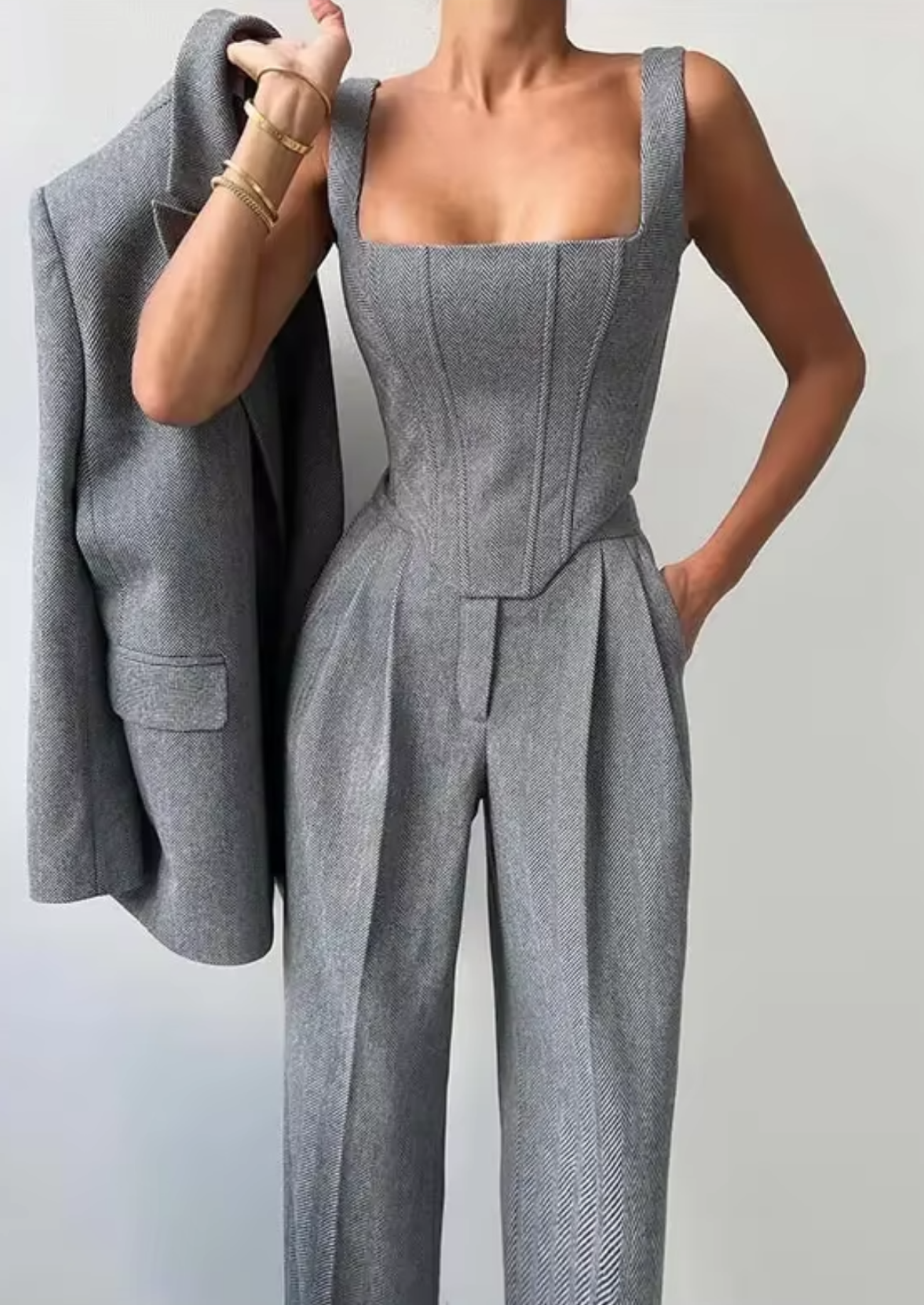 Women’s Three-Piece Suit Set with Blazer, Sleeveless Top, and Wide-Leg Pants