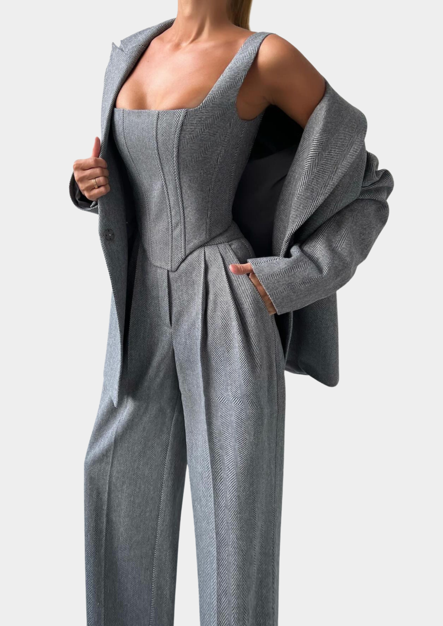 Women’s Three-Piece Suit Set with Blazer, Sleeveless Top, and Wide-Leg Pants
