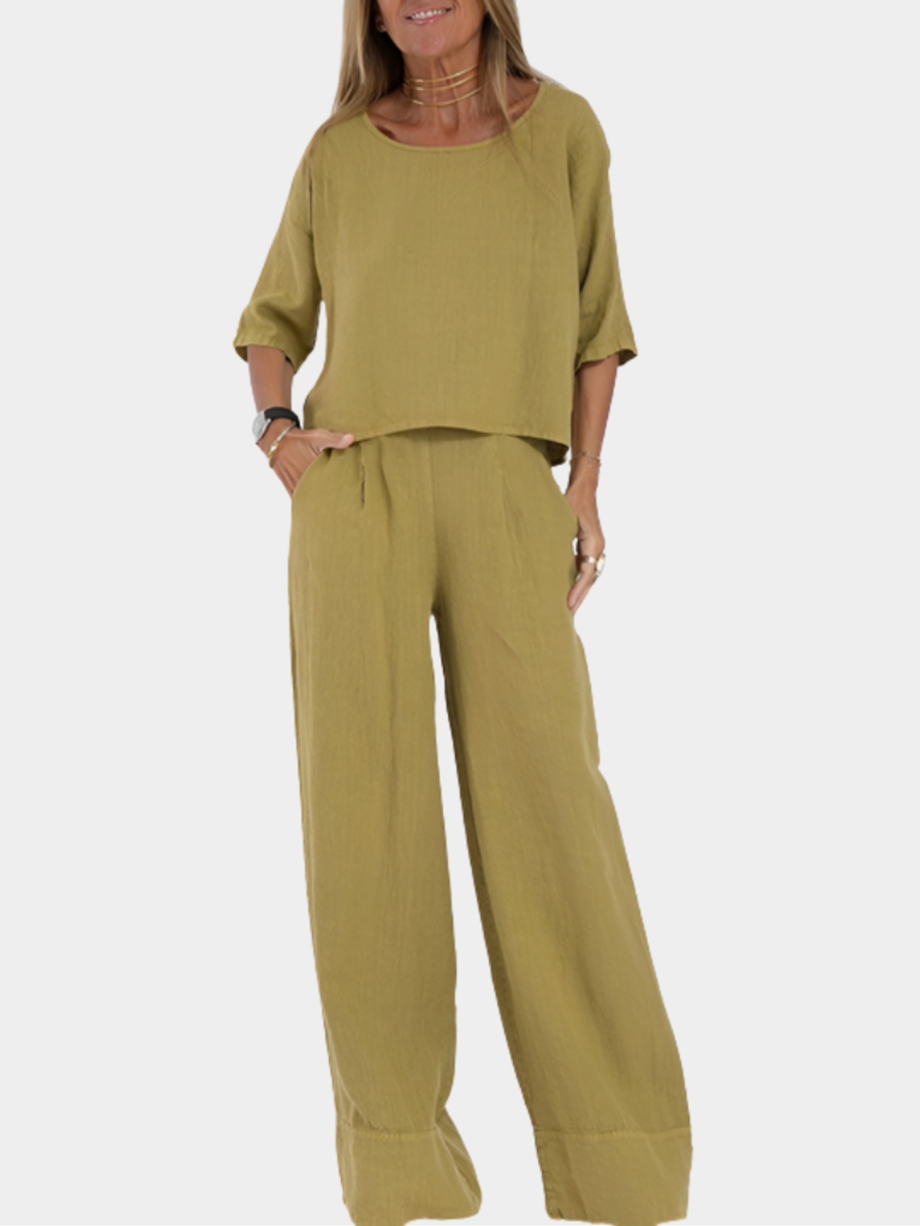 Women’s Two-Piece Relaxed Fit Set with Short Sleeve Top and Wide-Leg Pants
