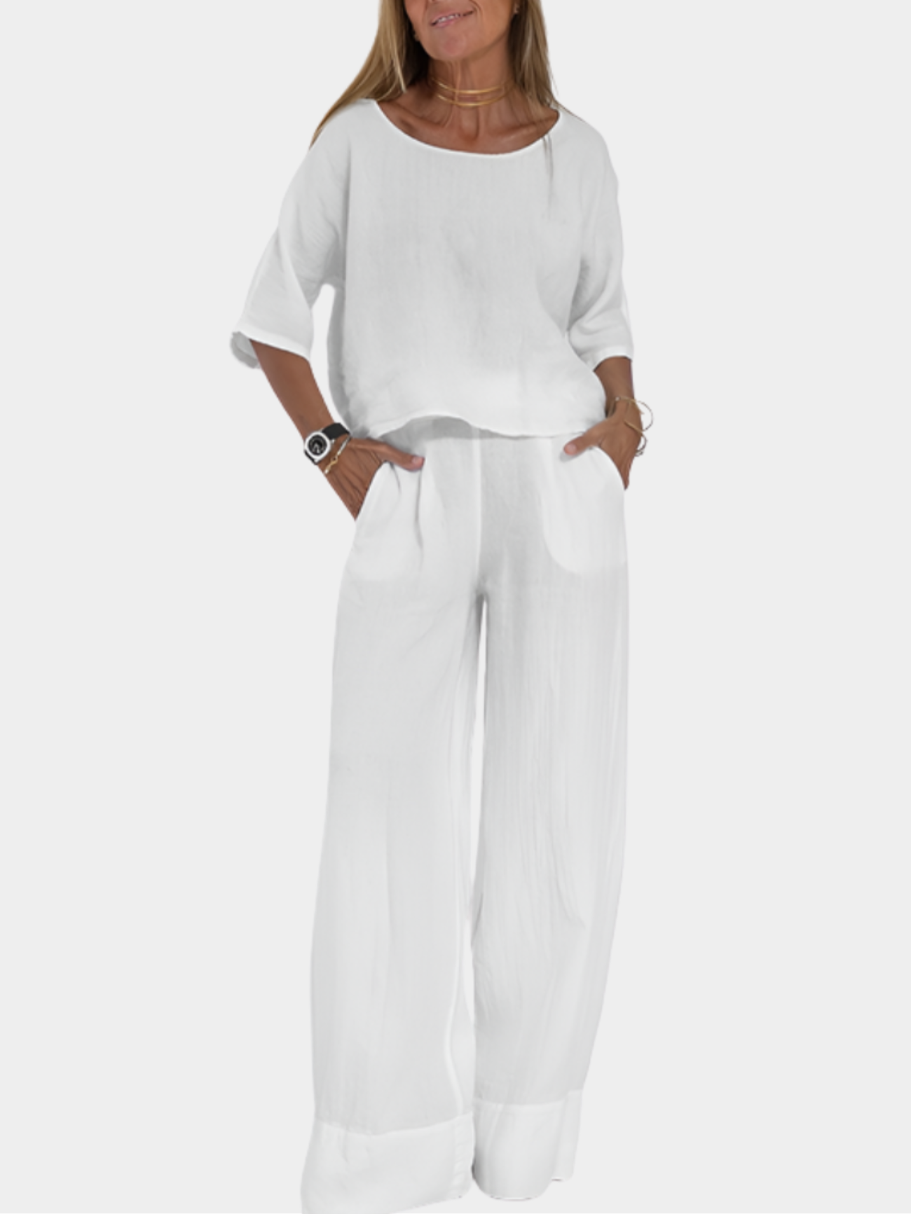Women’s Two-Piece Relaxed Fit Set with Short Sleeve Top and Wide-Leg Pants