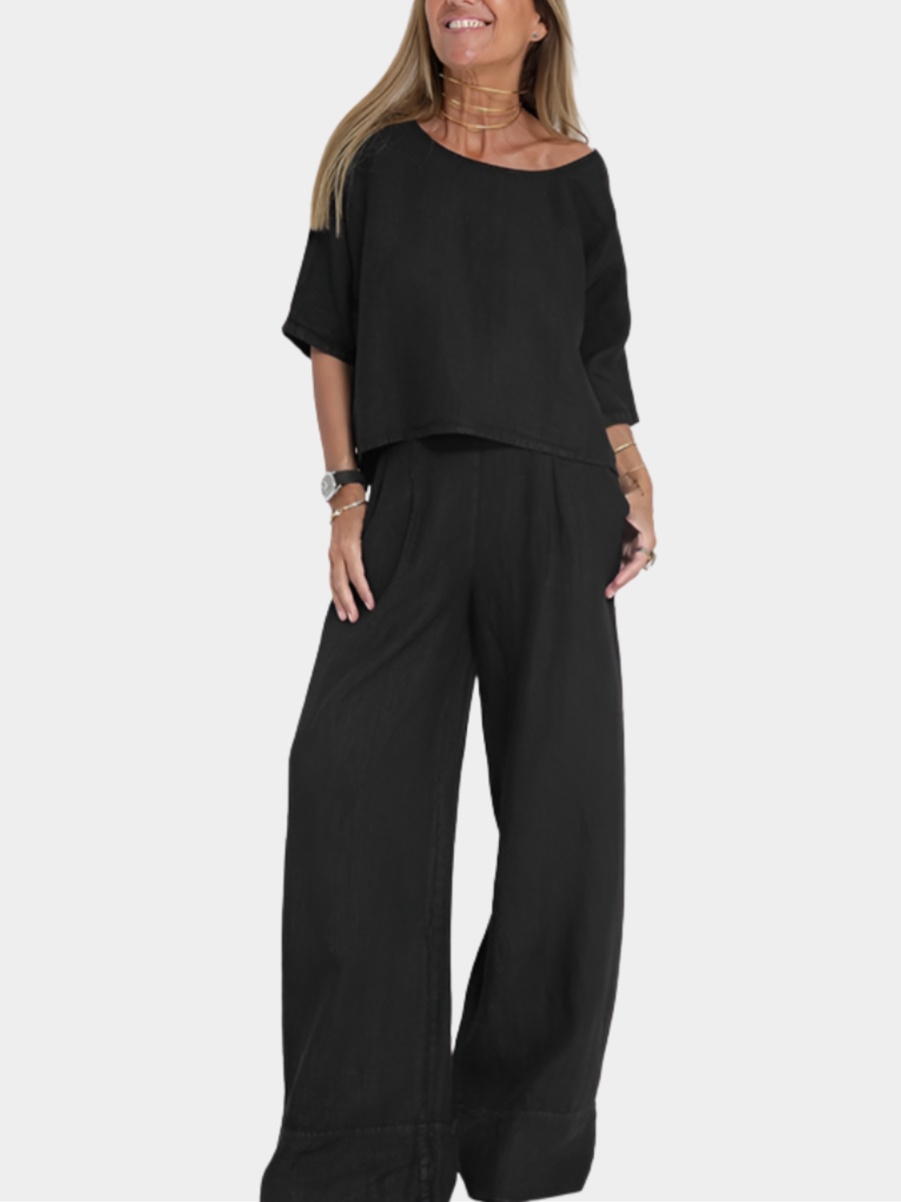 Women’s Two-Piece Relaxed Fit Set with Short Sleeve Top and Wide-Leg Pants