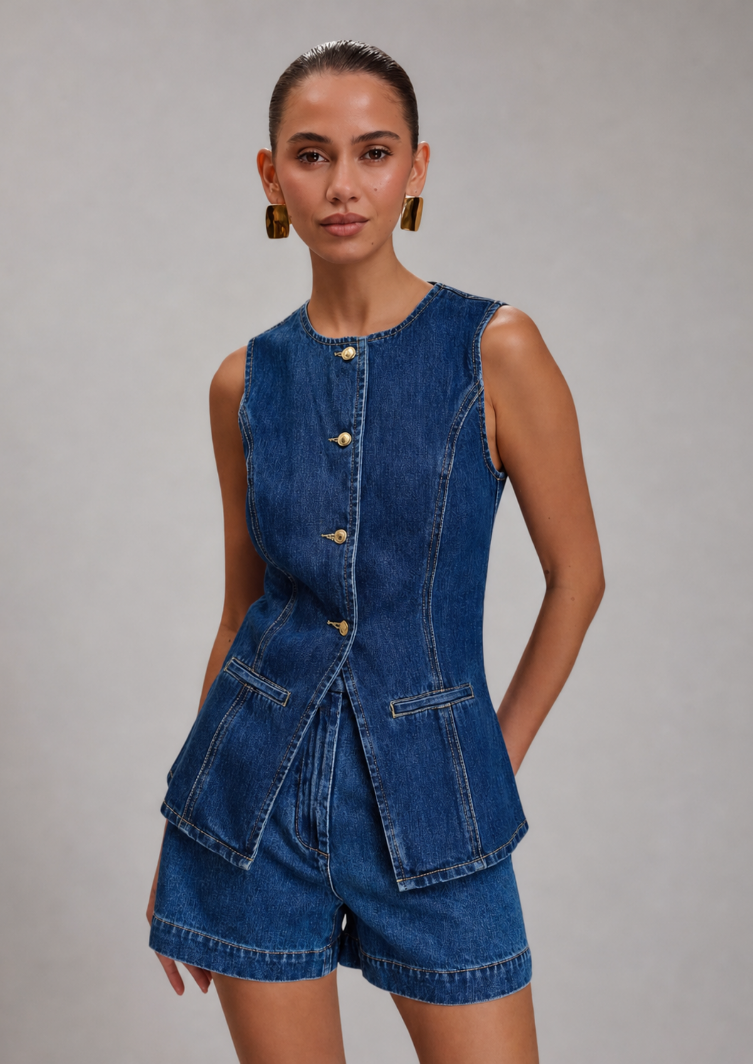 Women’s Two-Piece Set with Button Front Top and Shorts