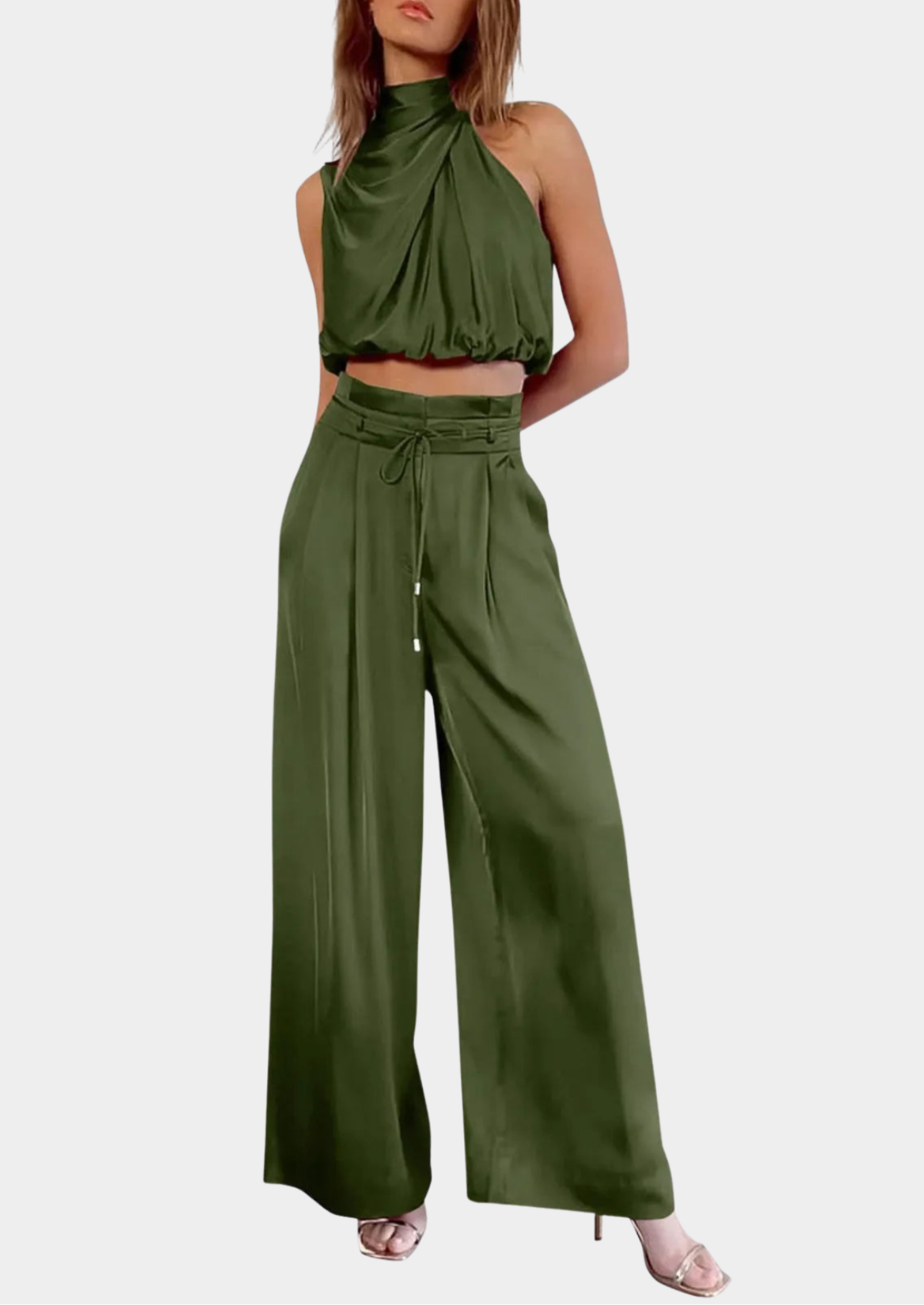 Women’s Two-Piece Set with Sleeveless High-Neck Top and Wide-Leg Pants