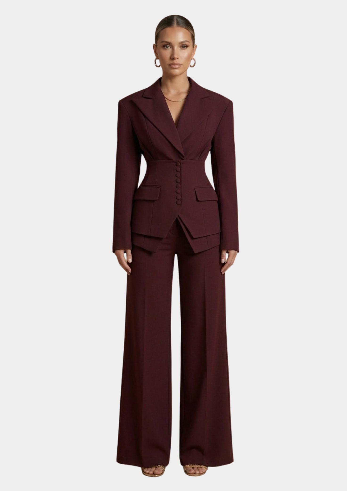Women’s Two Piece Suit with Peak Lapel Blazer and Wide-Leg Trousers