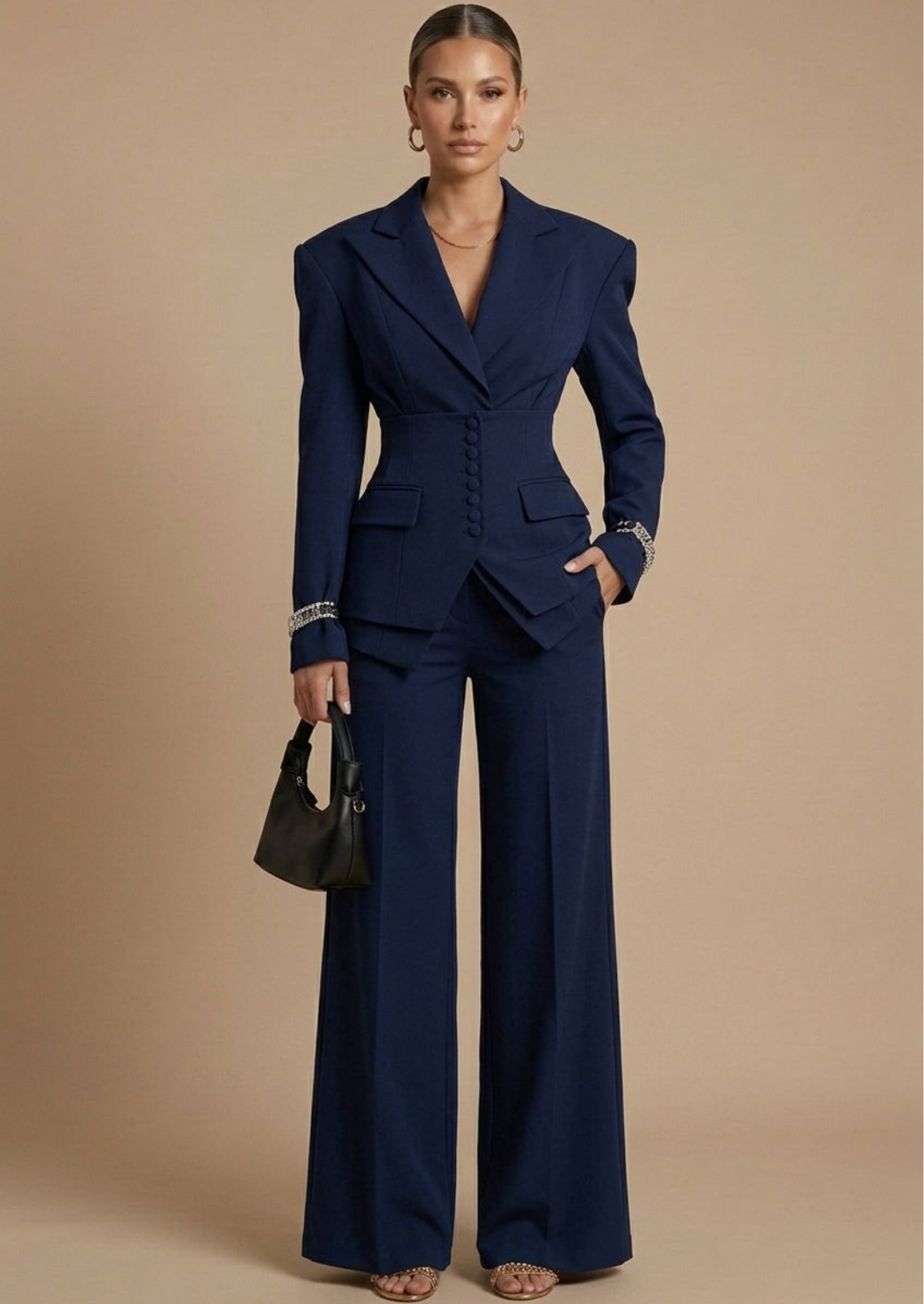 Women’s Two Piece Suit with Peak Lapel Blazer and Wide-Leg Trousers