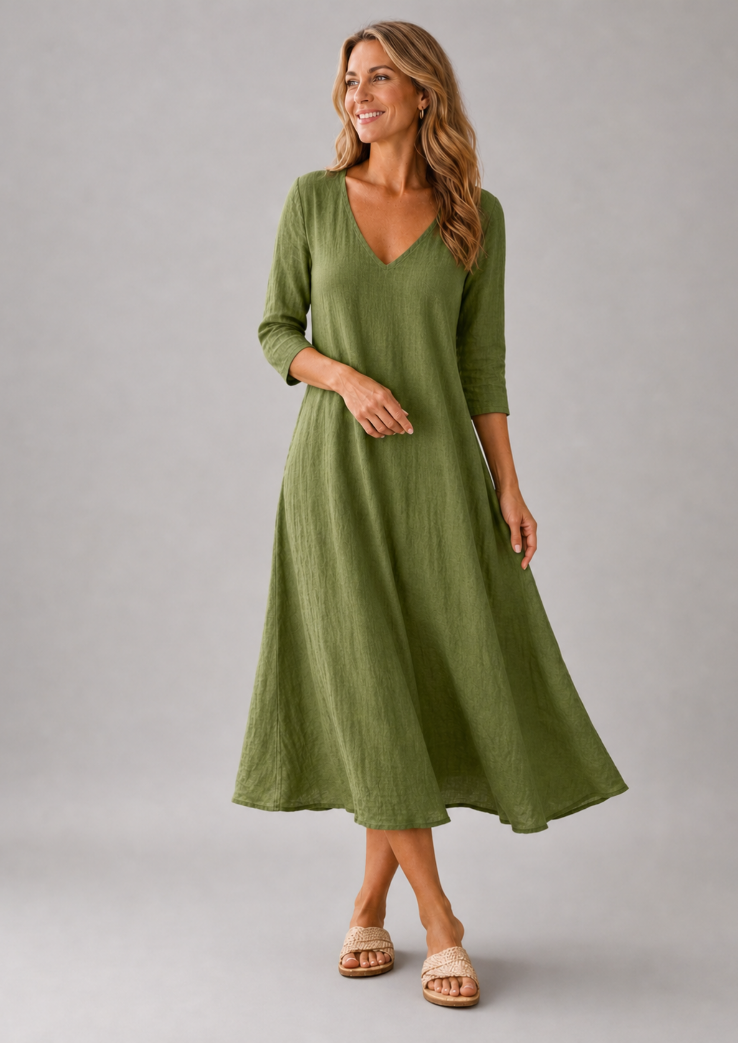 Women’s V-Neck Midi Dress with 3/4 Sleeves