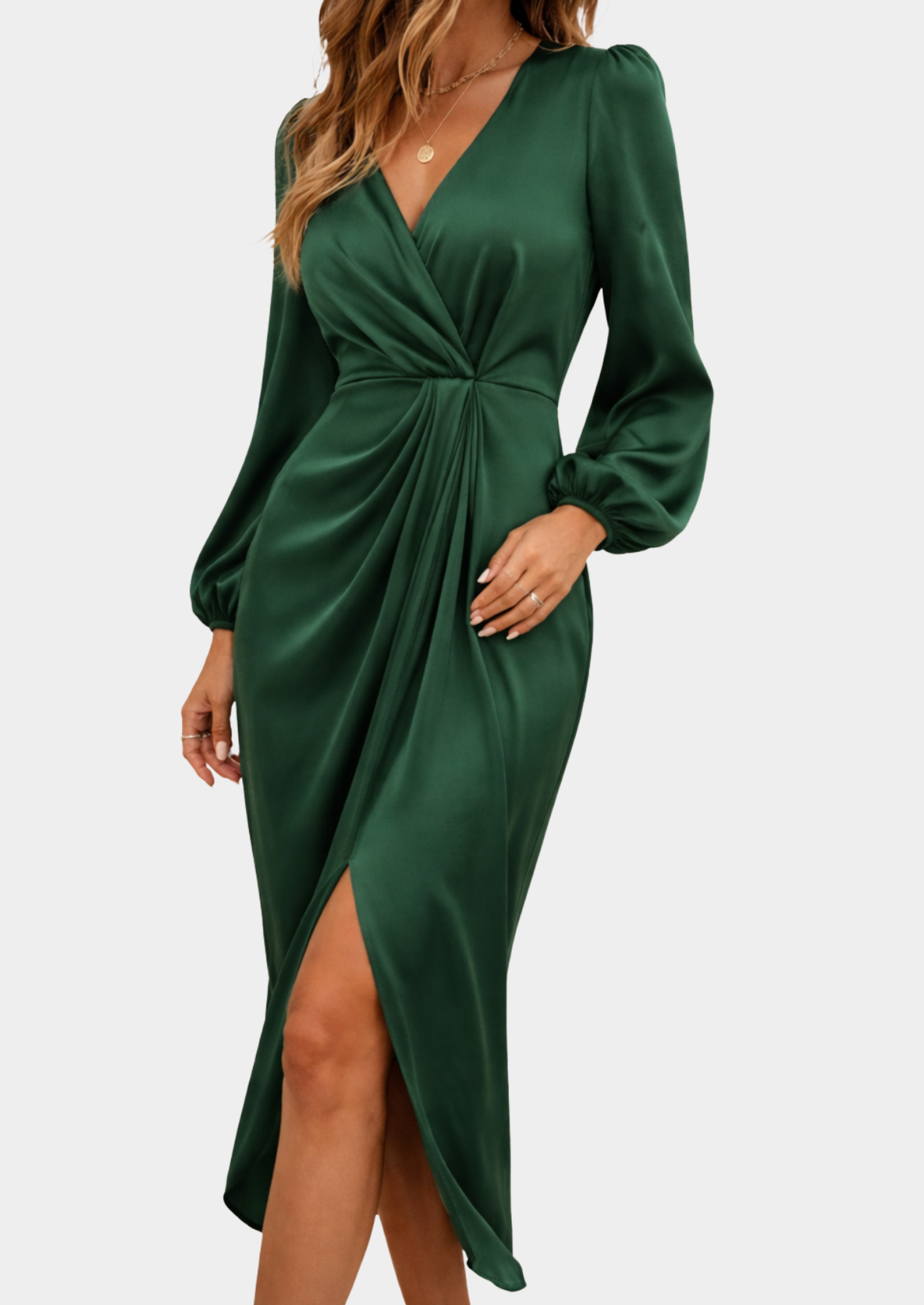 Women’s V-Neck Midi Dress with Long Sleeves and Side Slit