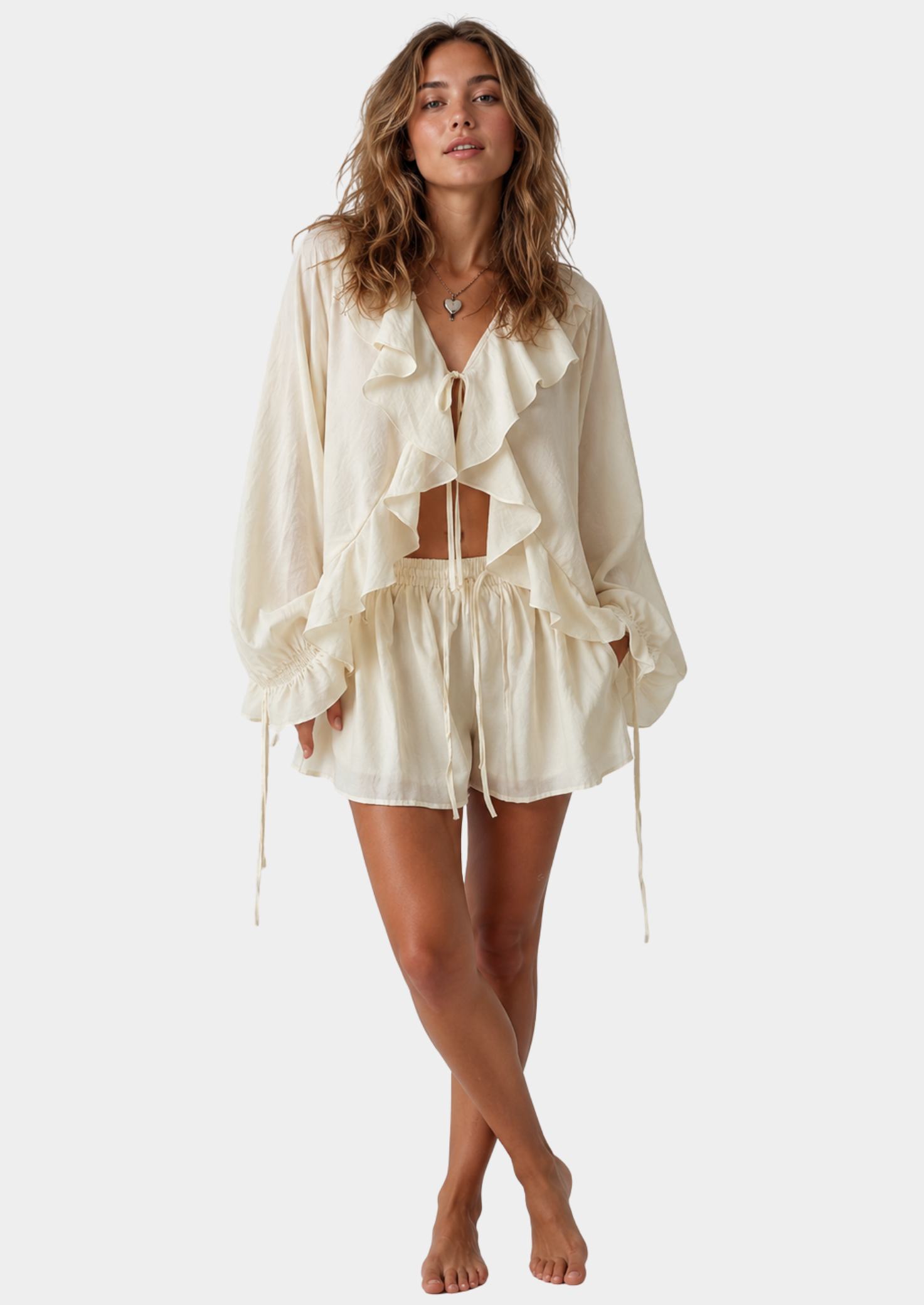 Women’s V-Neck Shirt and Shorts Set with Ruffle Trim