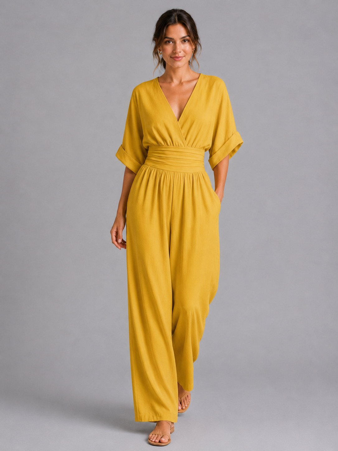 Women’s V-Neck Wide-Leg Jumpsuit with Cinched Waist