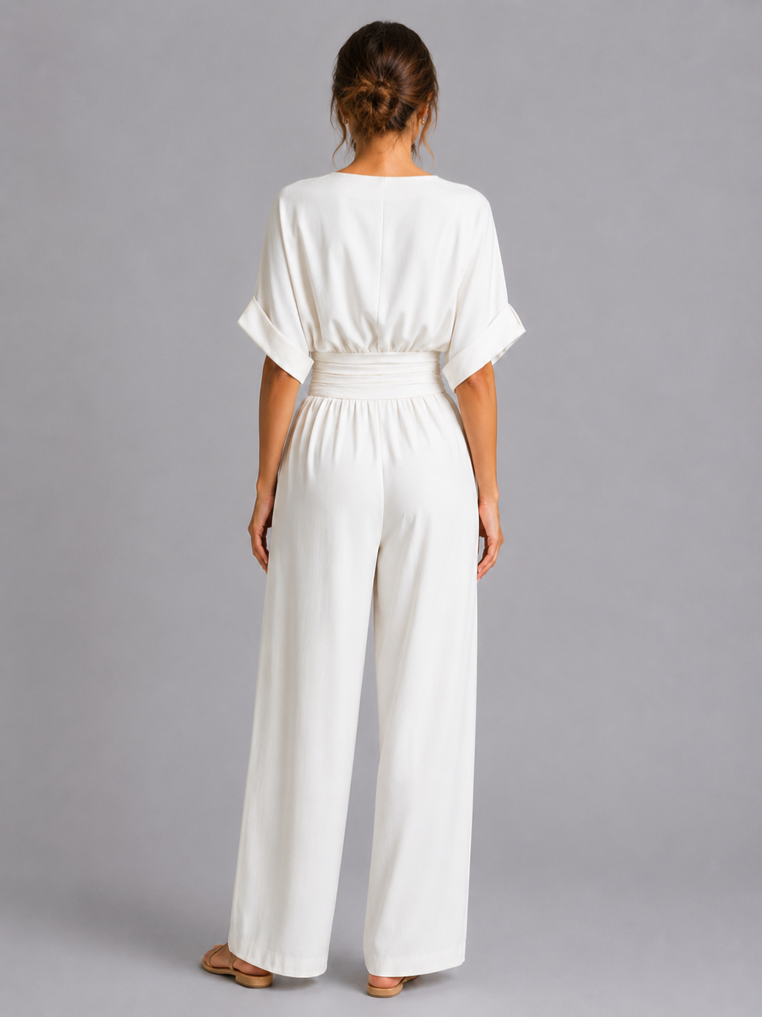 Women’s V-Neck Wide-Leg Jumpsuit with Cinched Waist