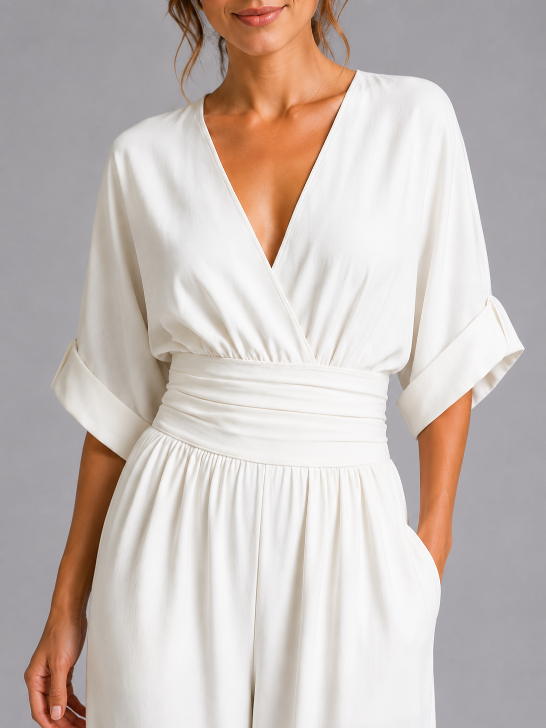 Women’s V-Neck Wide-Leg Jumpsuit with Cinched Waist