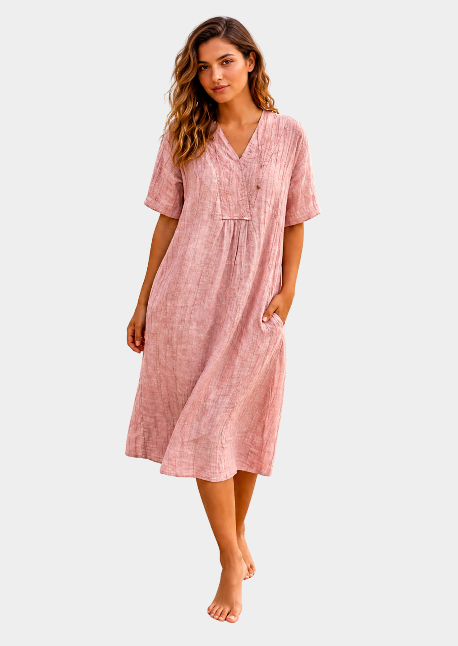 Women’s V-Neck Midi Dress with Short Sleeves