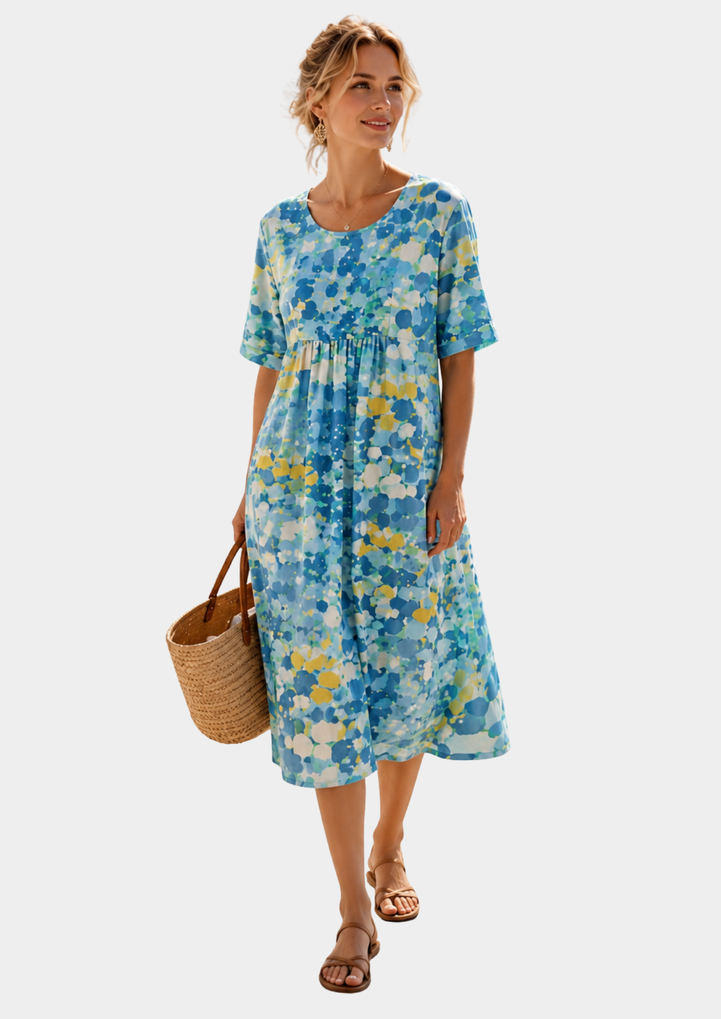 Women’s Floral Print Midi Dress with Short Sleeves