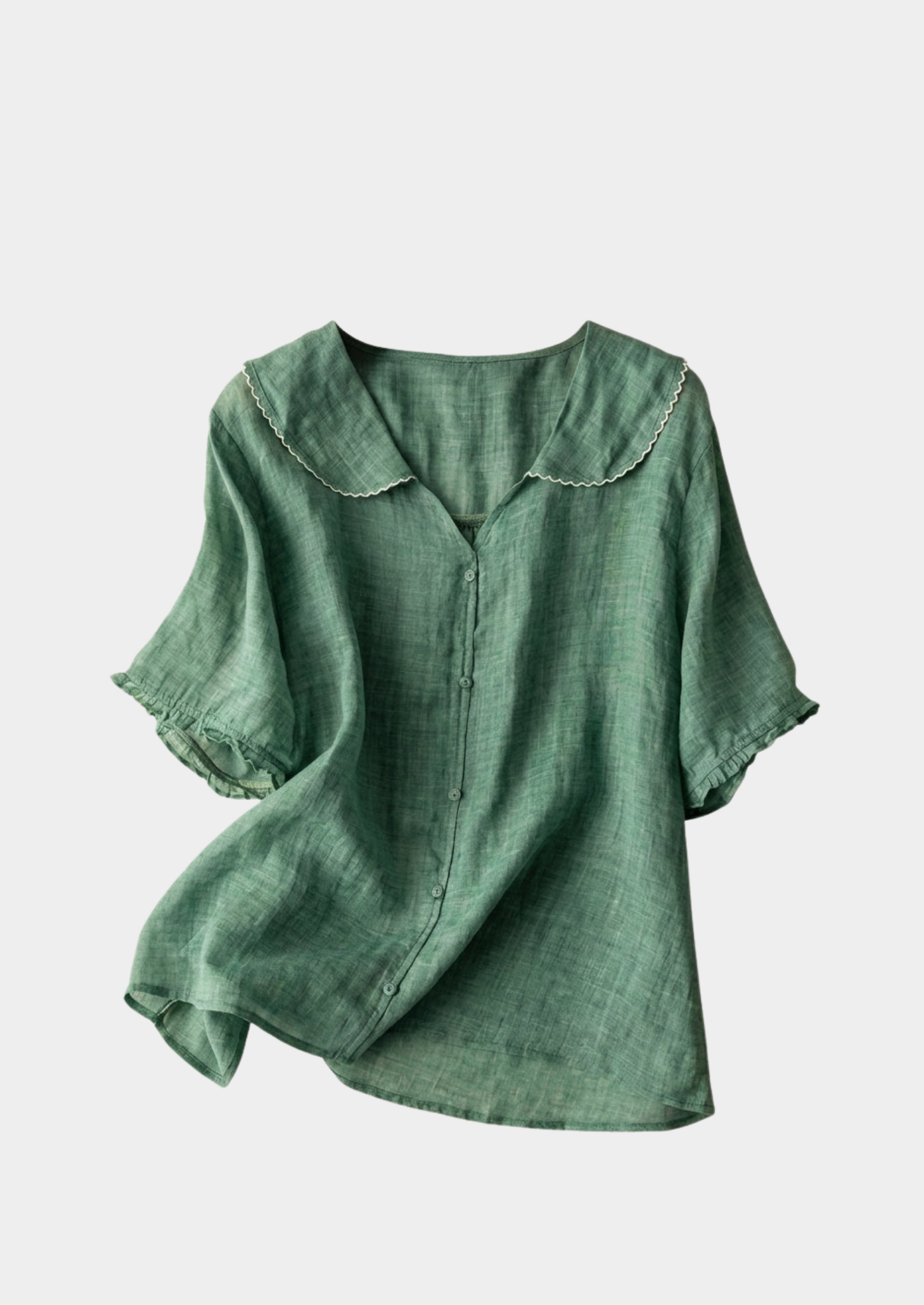 Women’s Short Sleeve Blouse with Button Placket and Rounded Collar