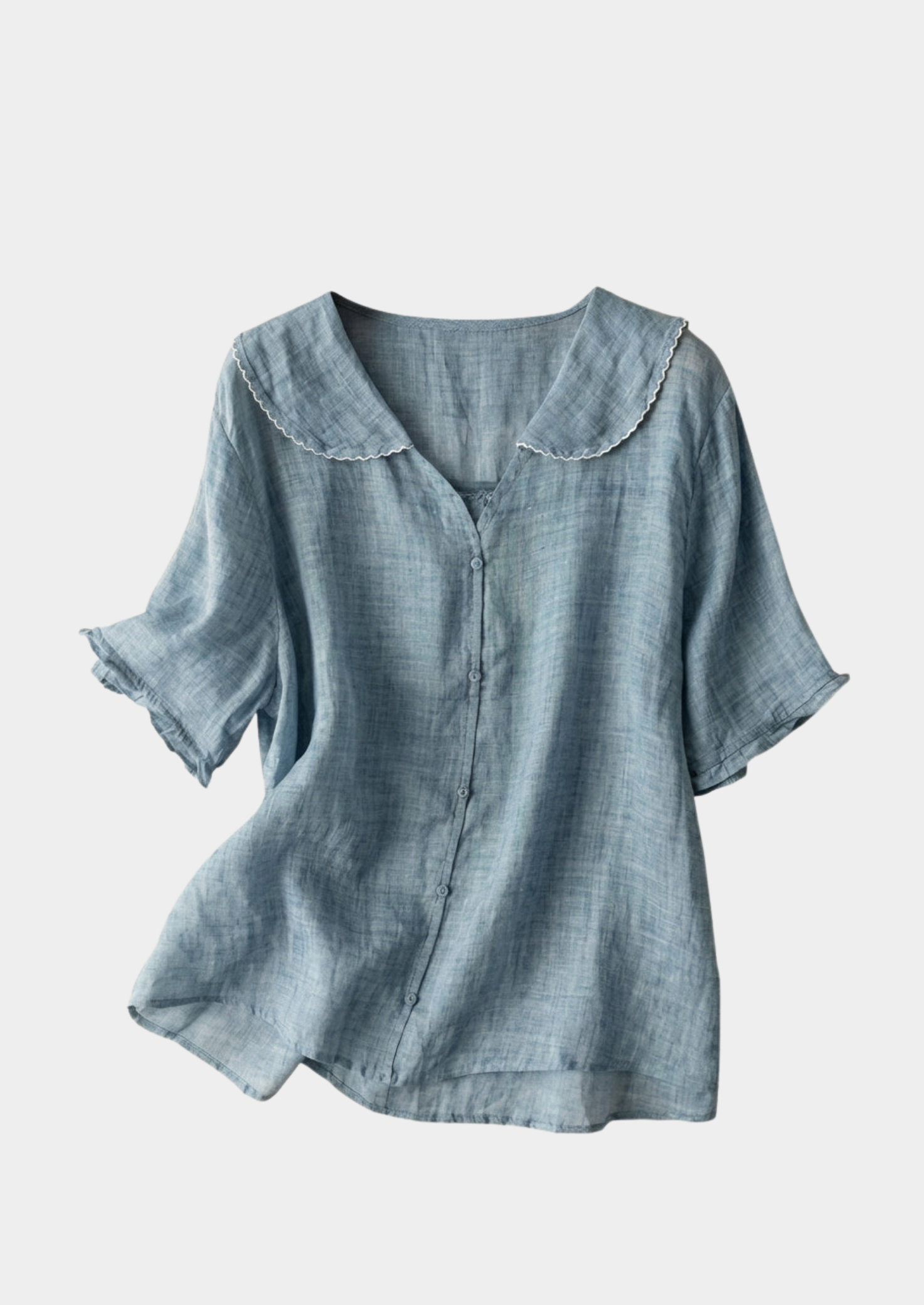 Women’s Short Sleeve Blouse with Button Placket and Rounded Collar