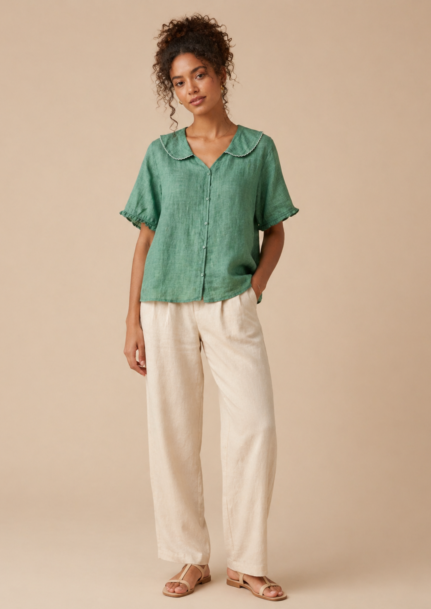 Women’s Short Sleeve Blouse with Button Placket and Rounded Collar