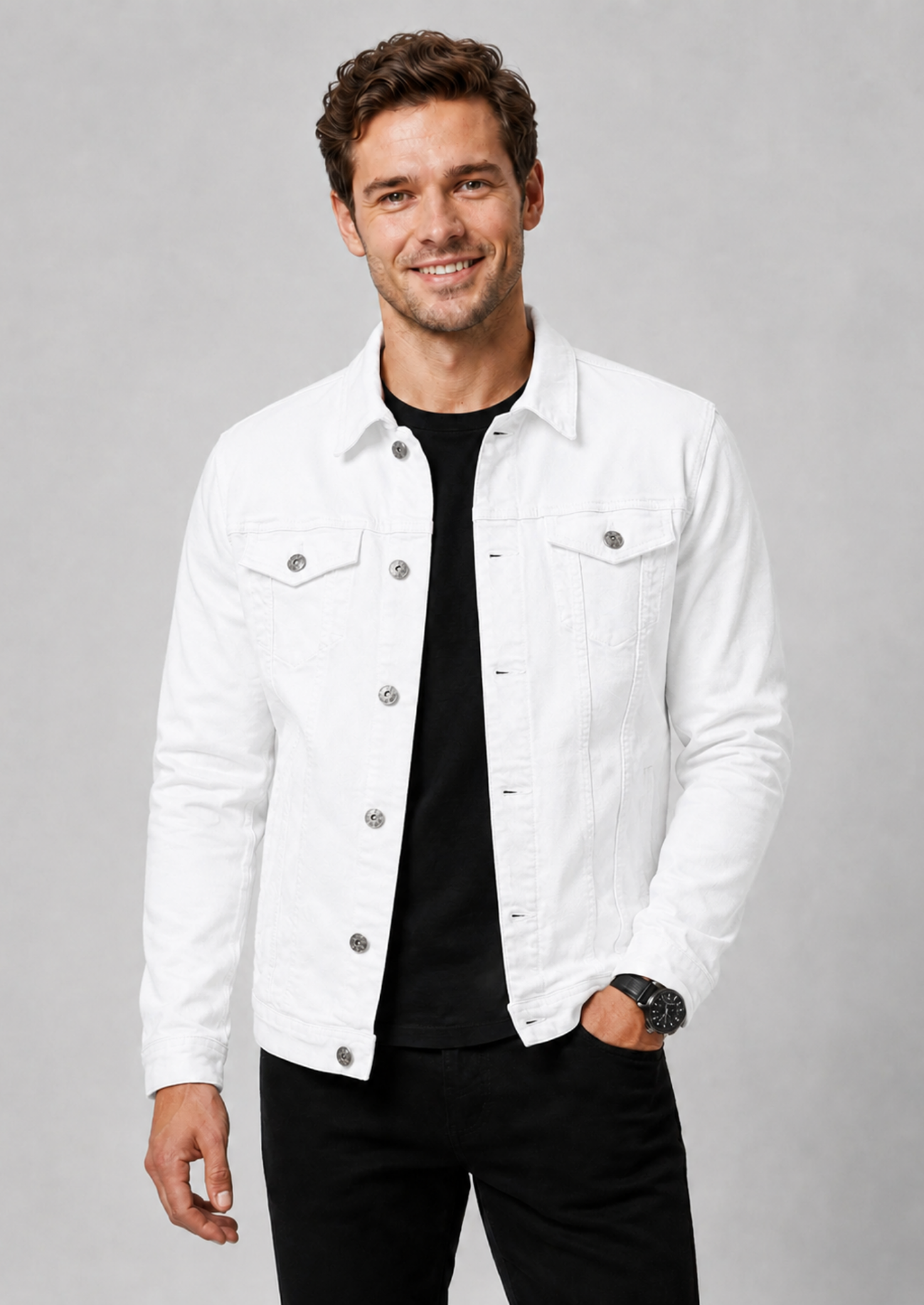 Men’s Denim Jacket with Button Front and Chest Pockets