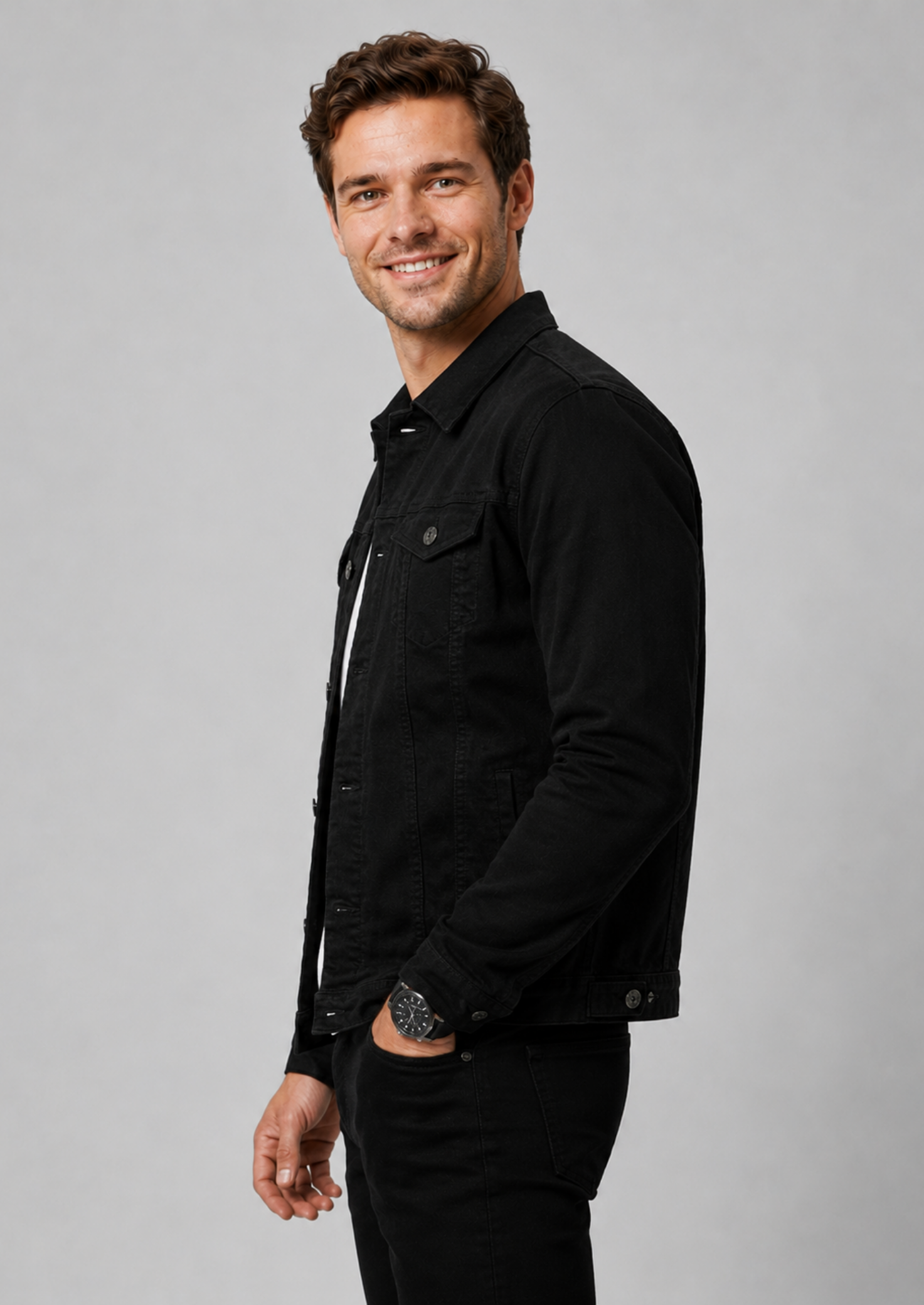 Men’s Denim Jacket with Button Front and Chest Pockets