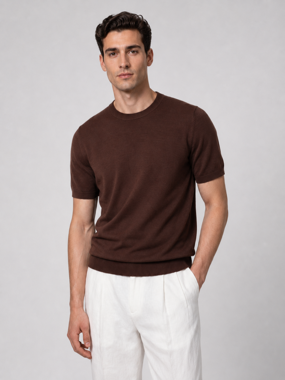 Men’s Knitted T-Shirt with Ribbed Trim