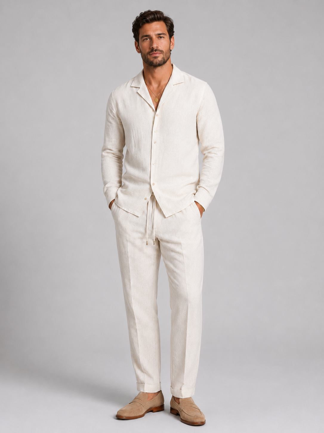 Men’s Linen-Style Shirt and Straight-Leg Trouser Set