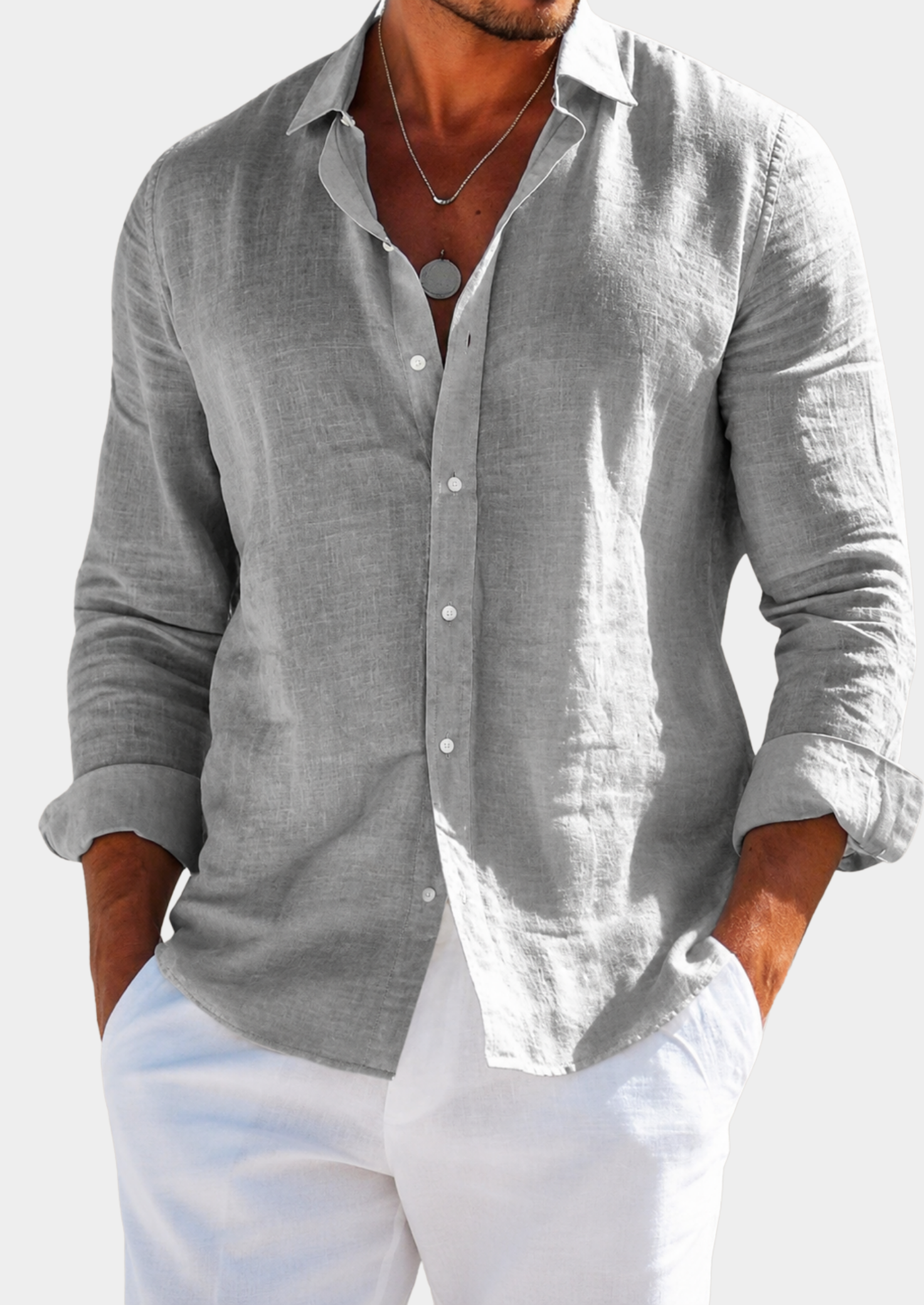 Men’s Linen Blend Long Sleeve Shirt with Button Closure