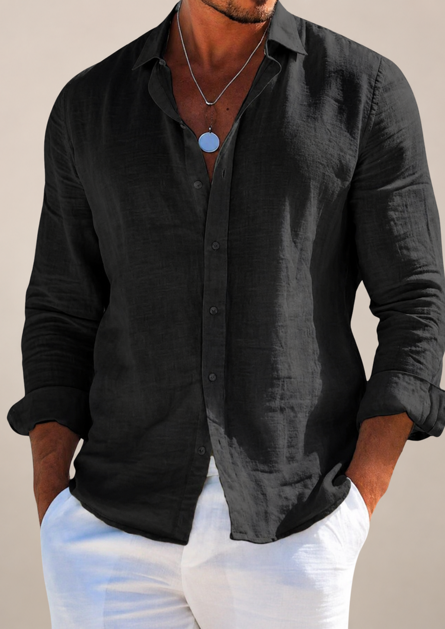 Men’s Linen Blend Long Sleeve Shirt with Button Closure