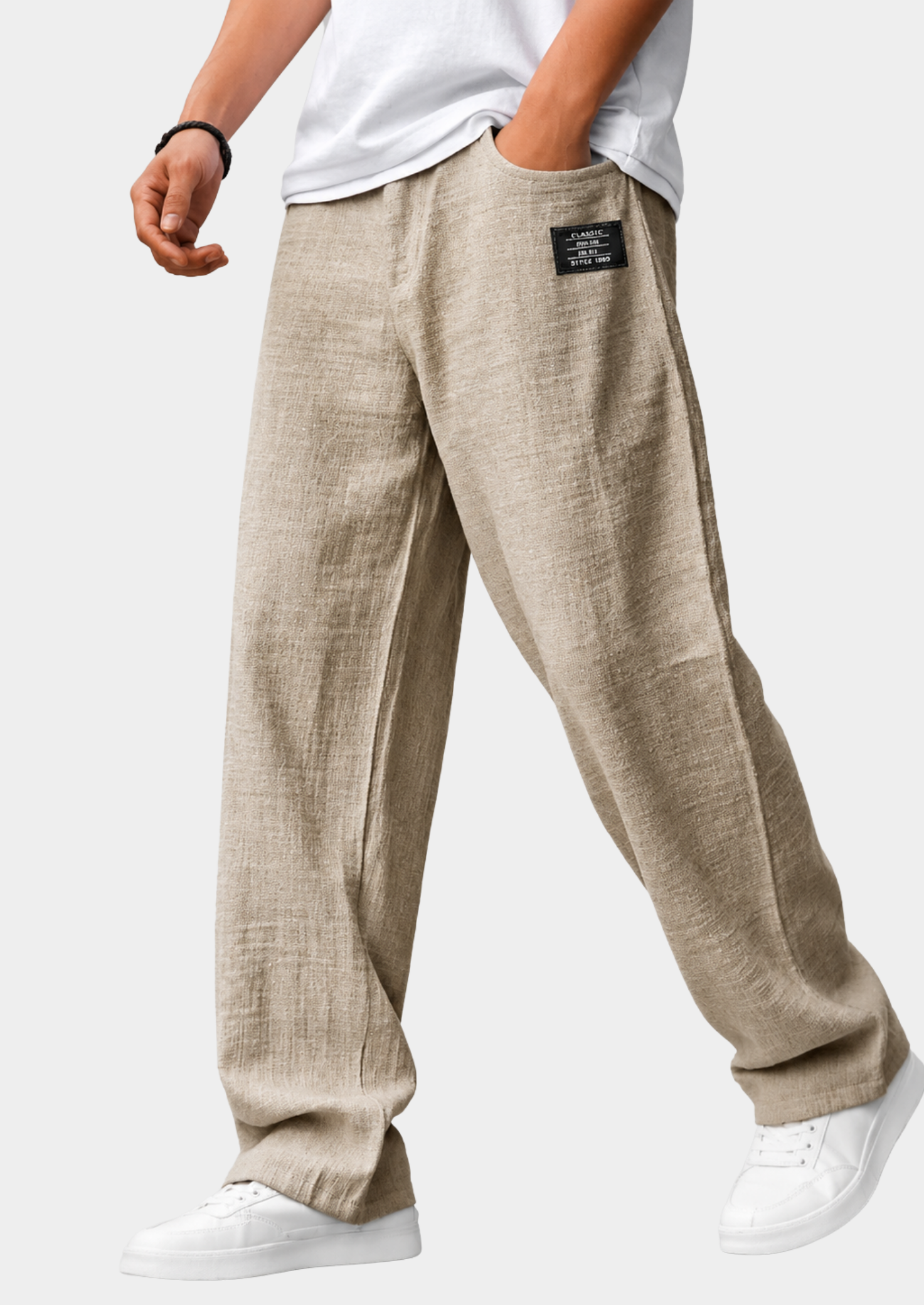 Men’s Linen Straight-Leg Pants with Badge Detail