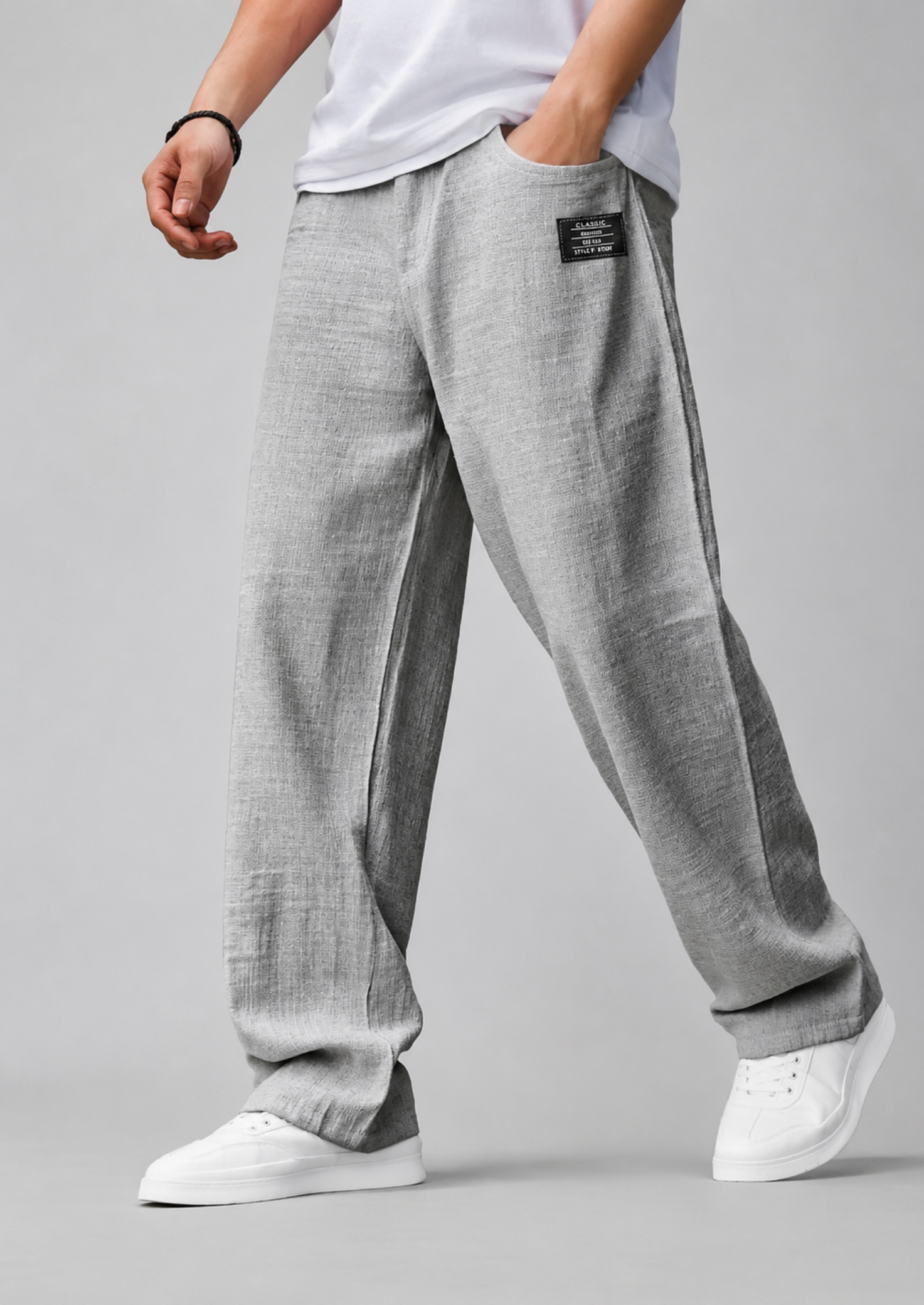 Men’s Linen Straight-Leg Pants with Badge Detail