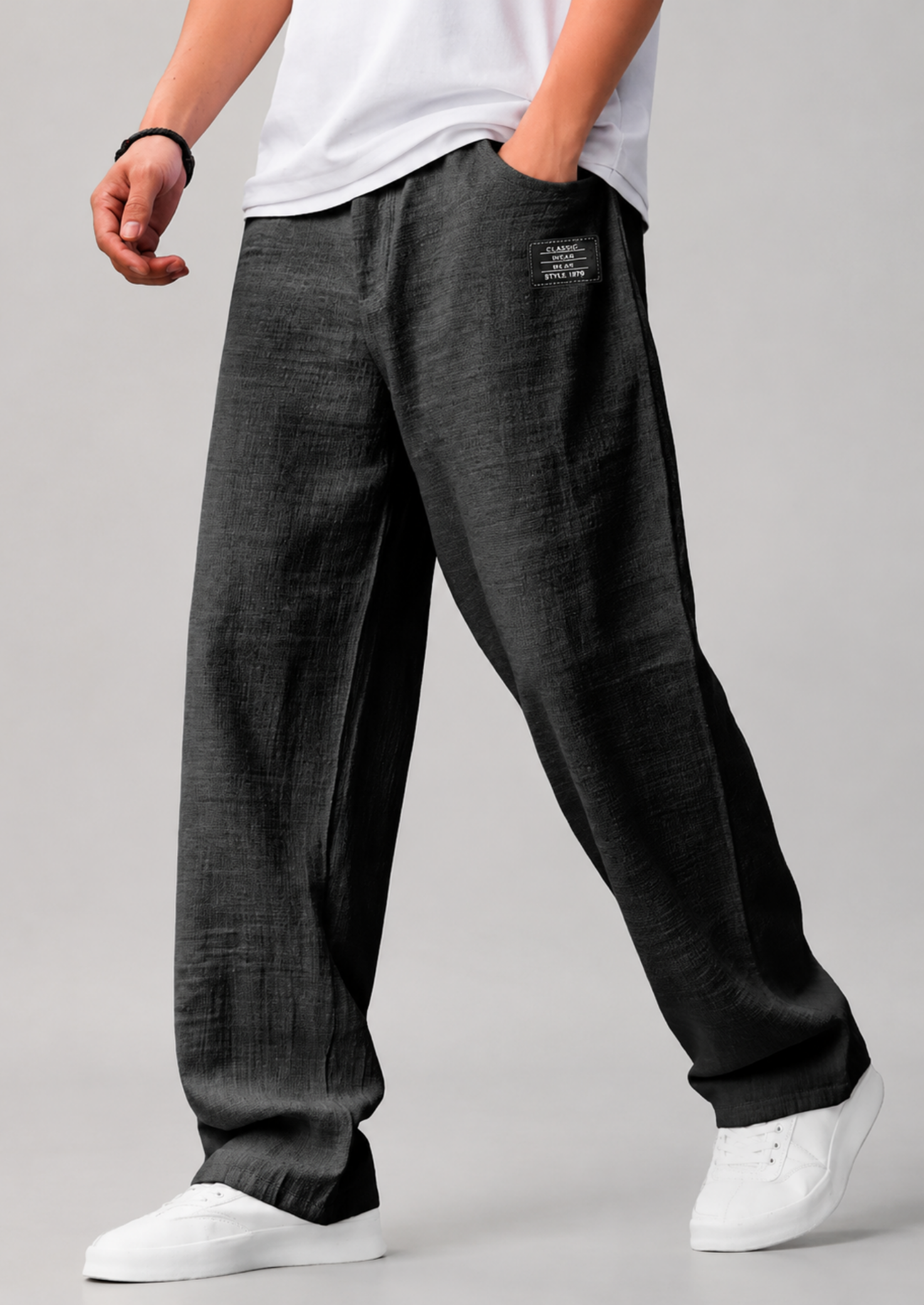 Men’s Linen Straight-Leg Pants with Badge Detail