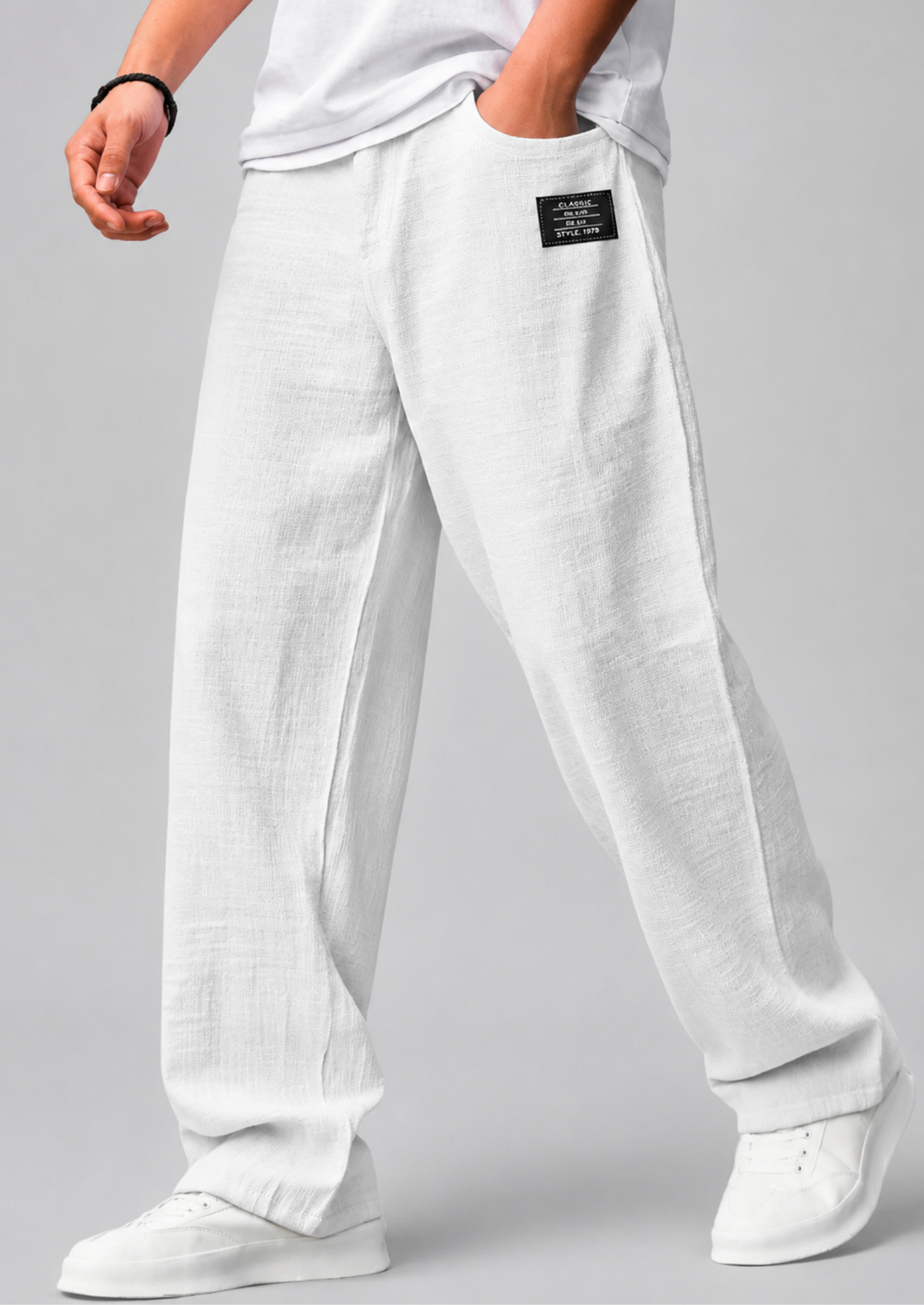 Men’s Linen Straight-Leg Pants with Badge Detail