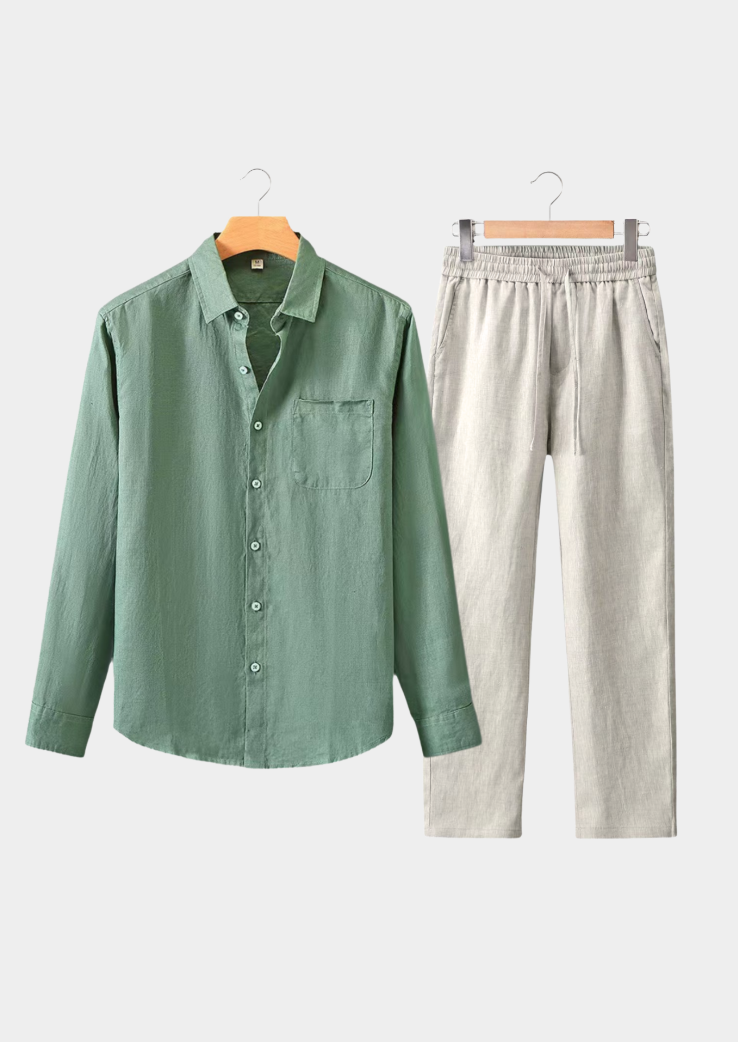 Men’s Long Sleeve Shirt and Trousers Set in Green and Beige