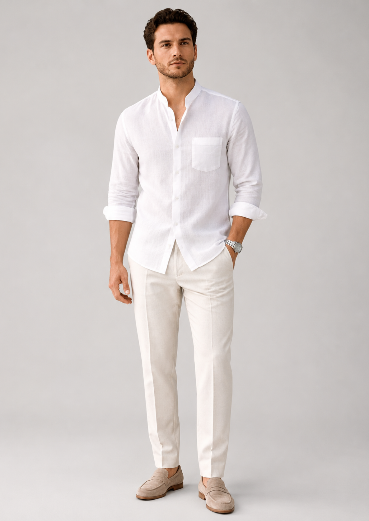 Men’s Long Sleeve Shirt with Grandad Collar and Chest Pocket