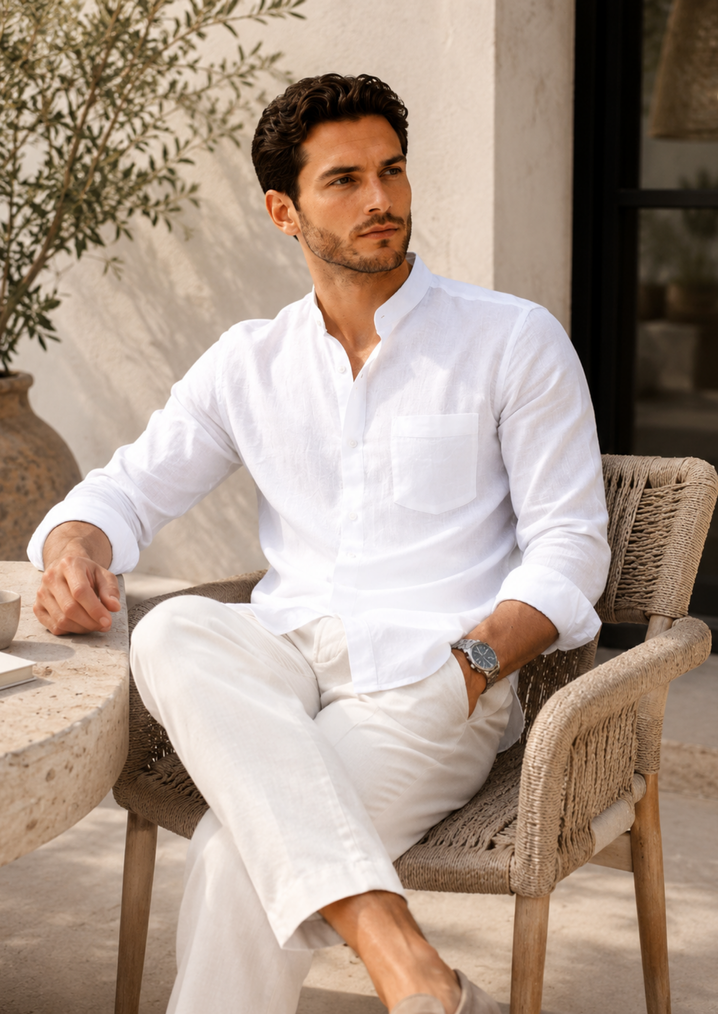Men’s Long Sleeve Shirt with Grandad Collar and Chest Pocket