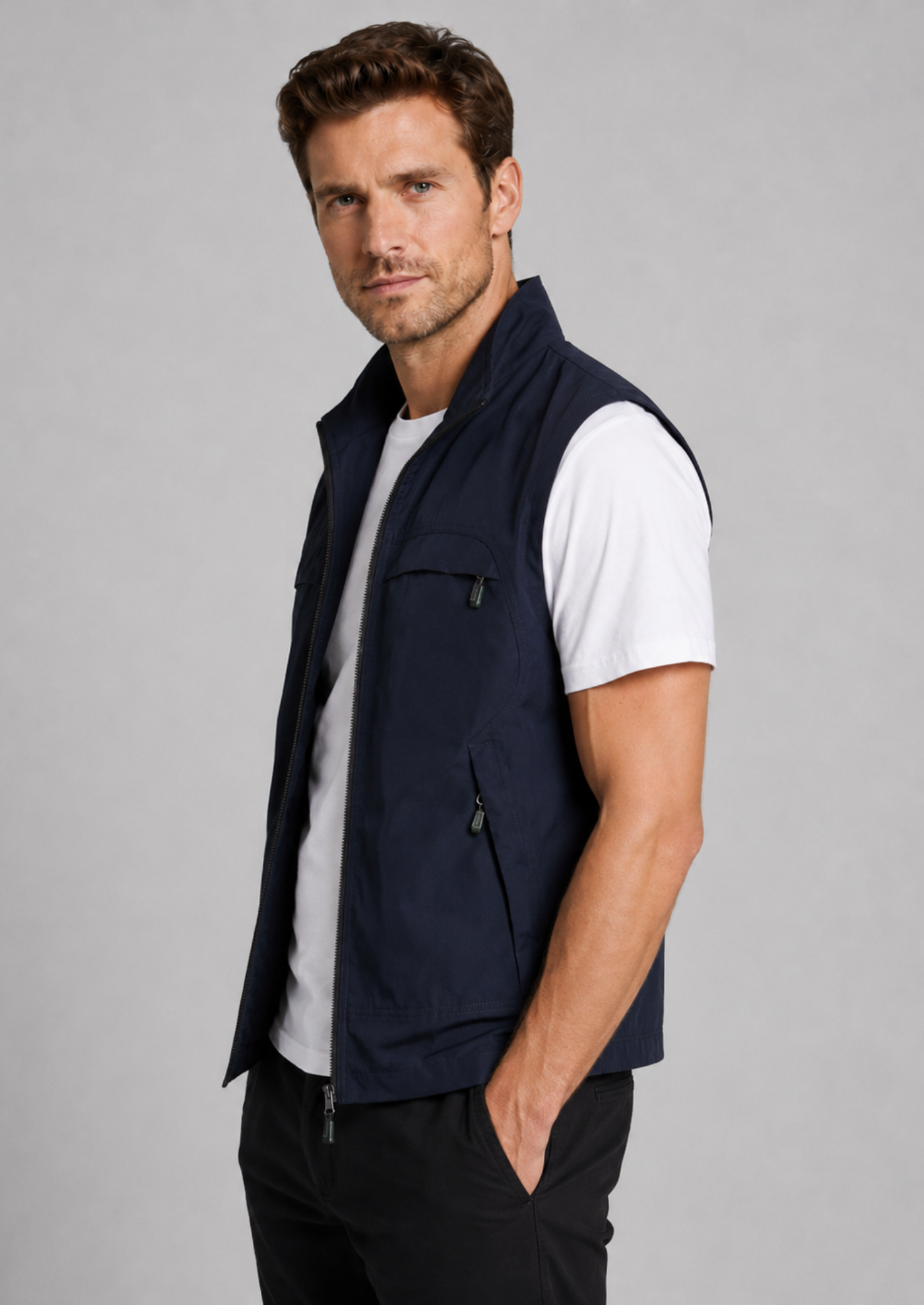 Men’s Mesh Gilet Jacket with Zipper and Multiple Pockets