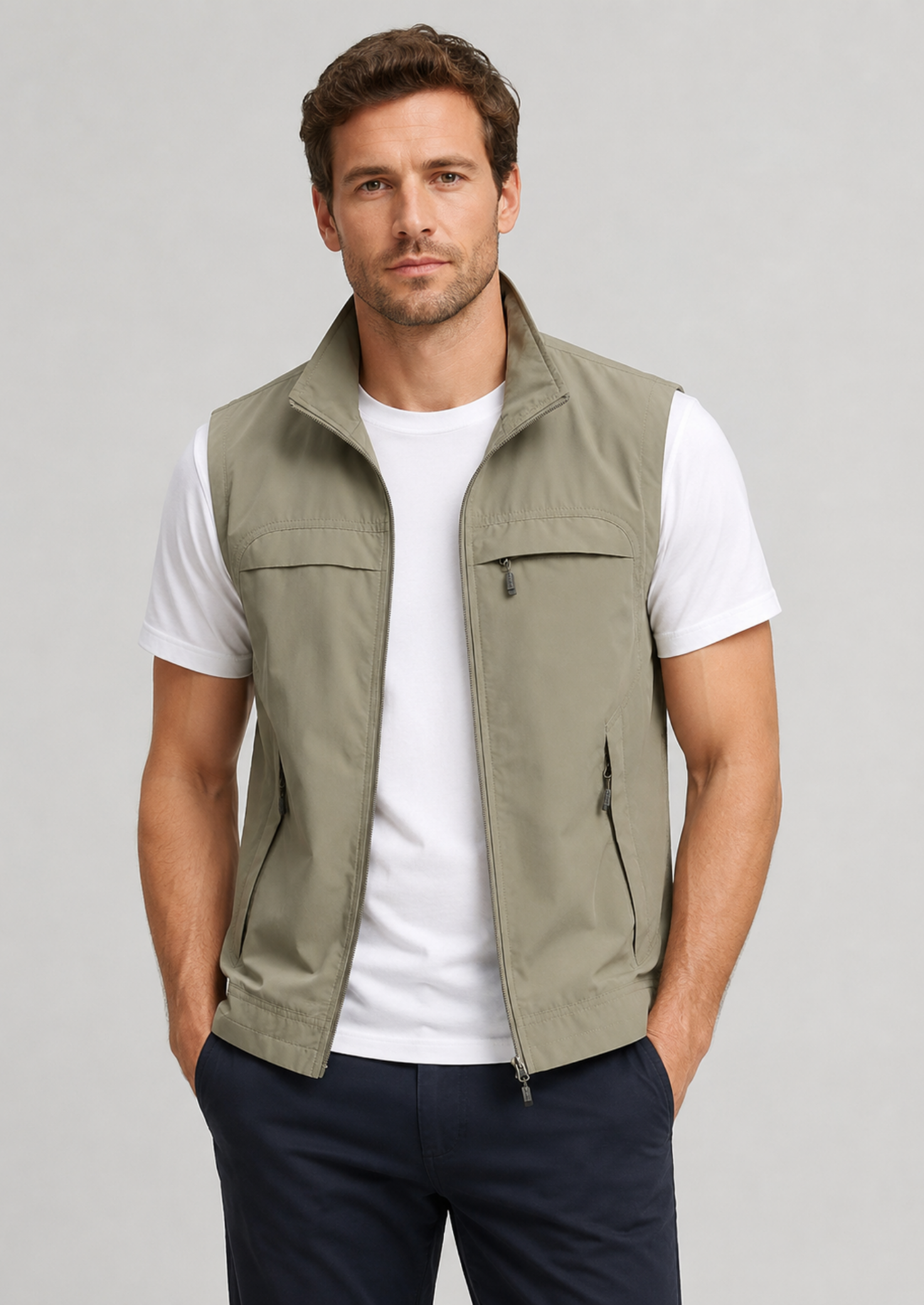 Men’s Mesh Gilet Jacket with Zipper and Multiple Pockets