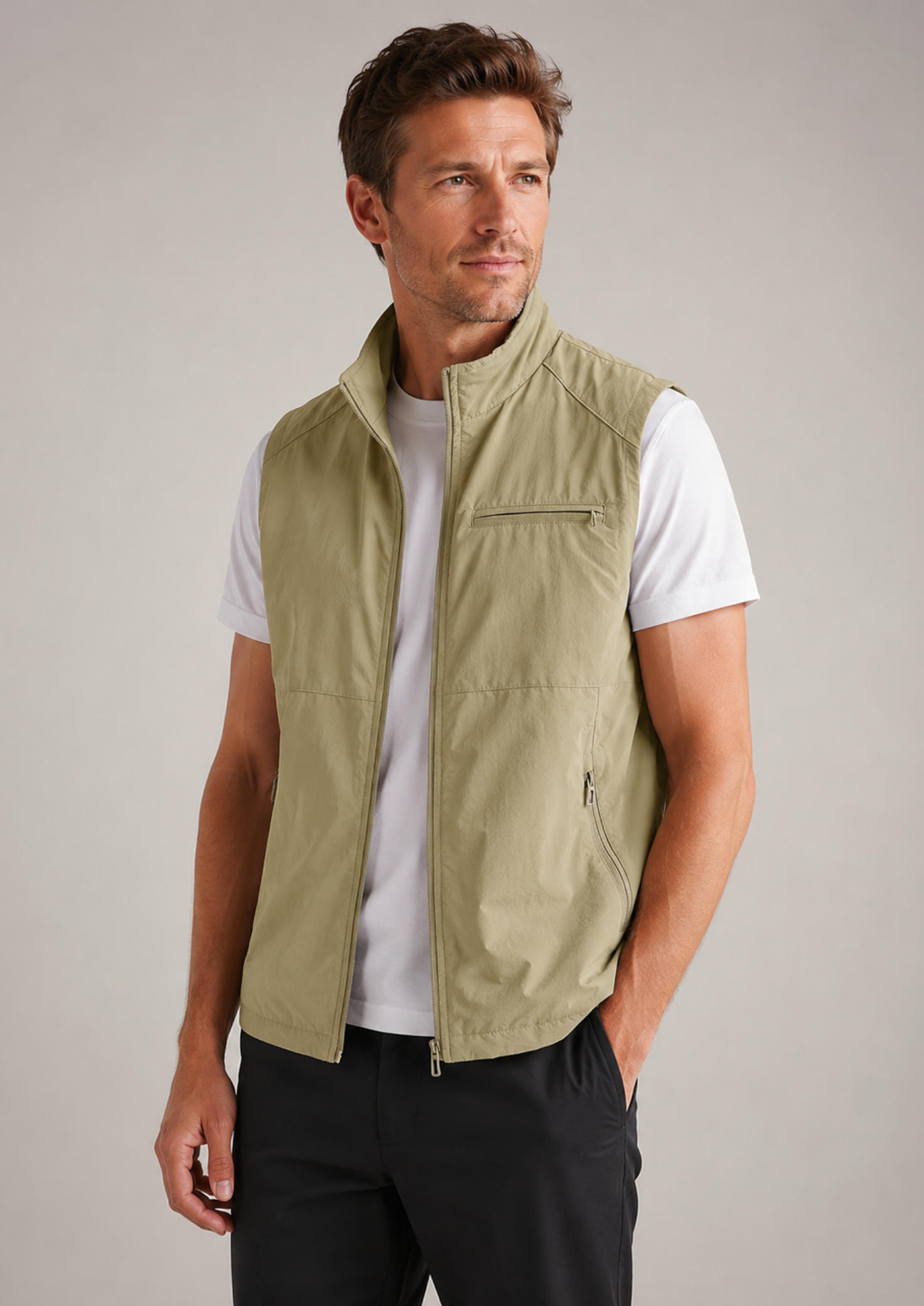 Men’s Outdoor Gilet Jacket with Zipper and Turn-Down Collar