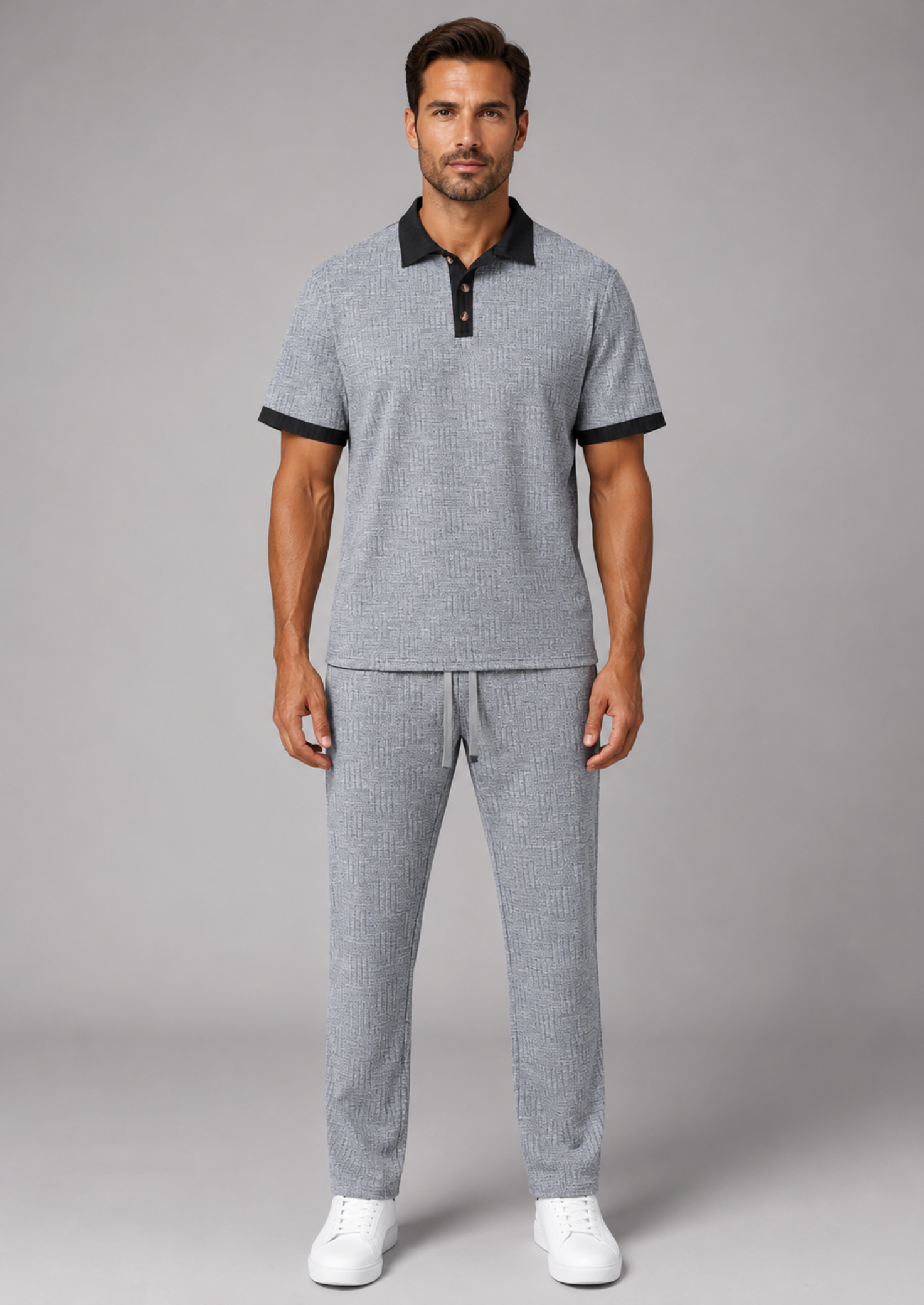 Men’s Polo Shirt and Pants Set with Colour Block Design