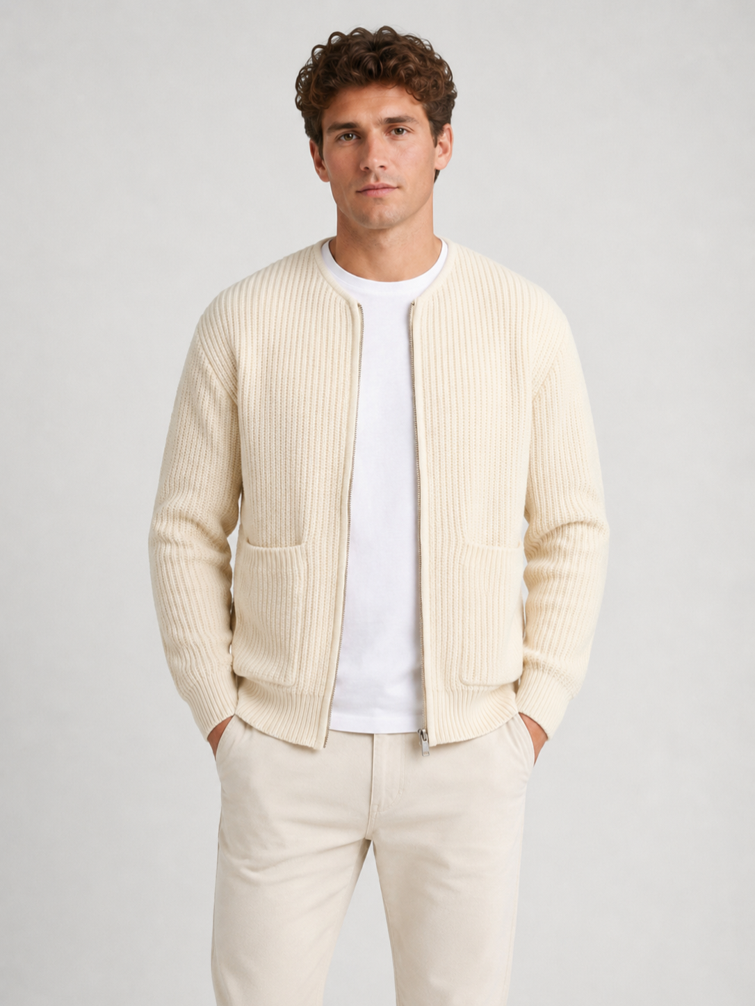 Men’s Ribbed Knit Cardigan with Zip Closure