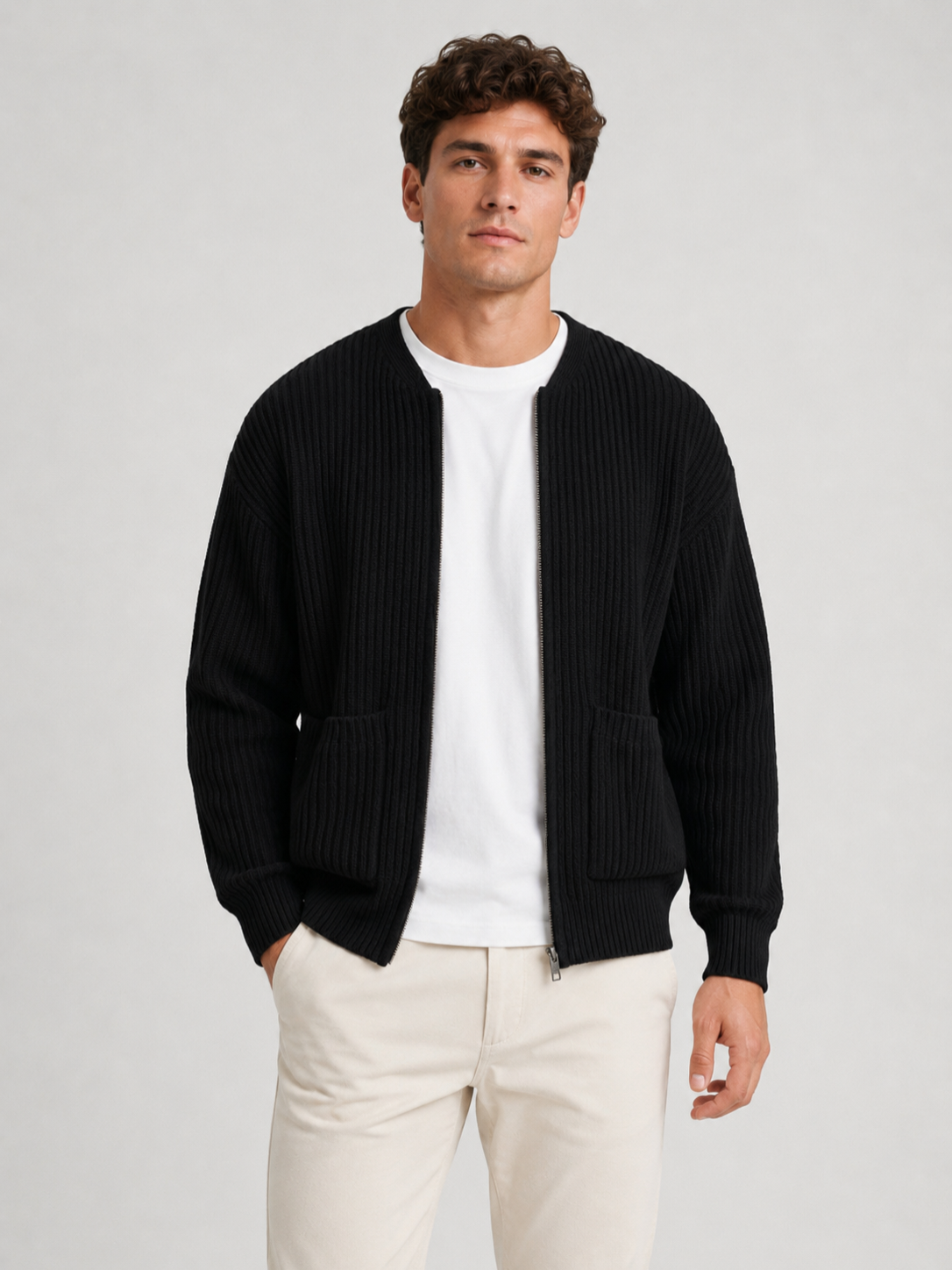 Men’s Ribbed Knit Cardigan with Zip Closure