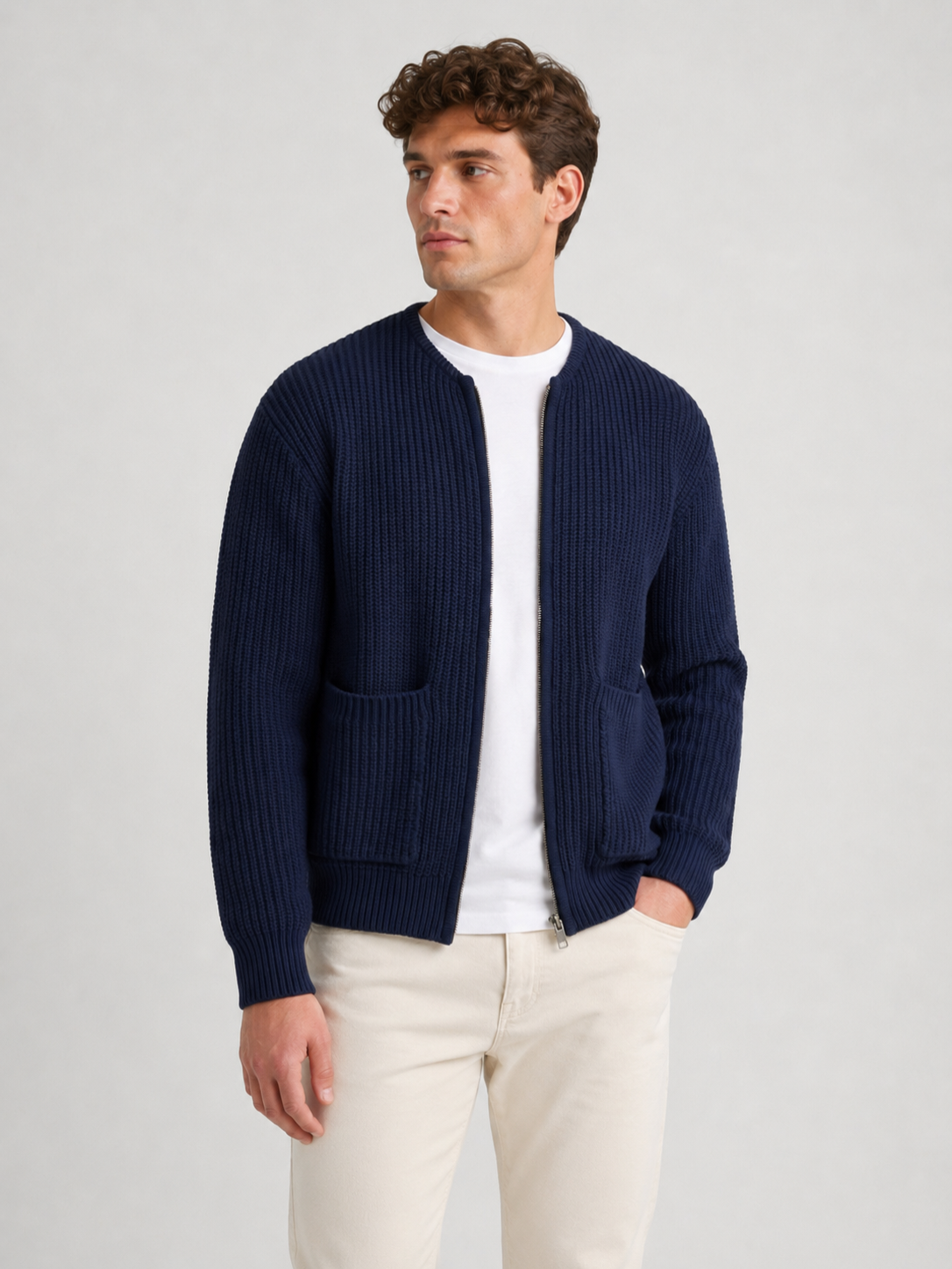 Men’s Ribbed Knit Cardigan with Zip Closure