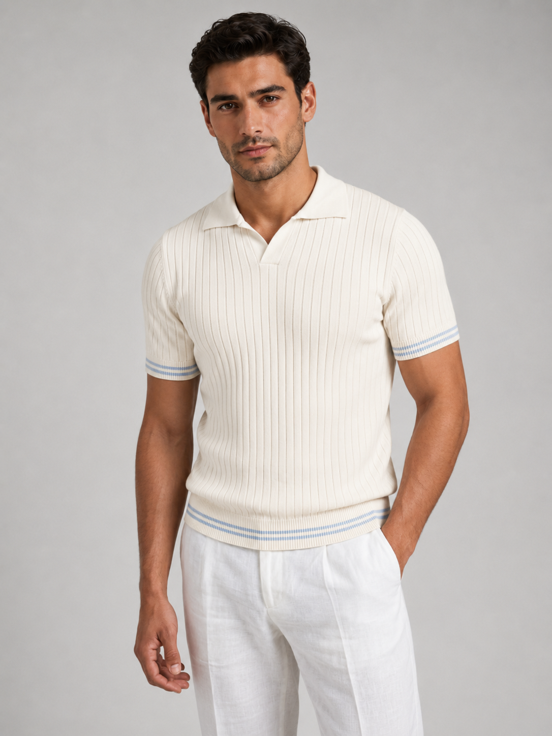 Men’s Ribbed Knit Polo with Open Collar