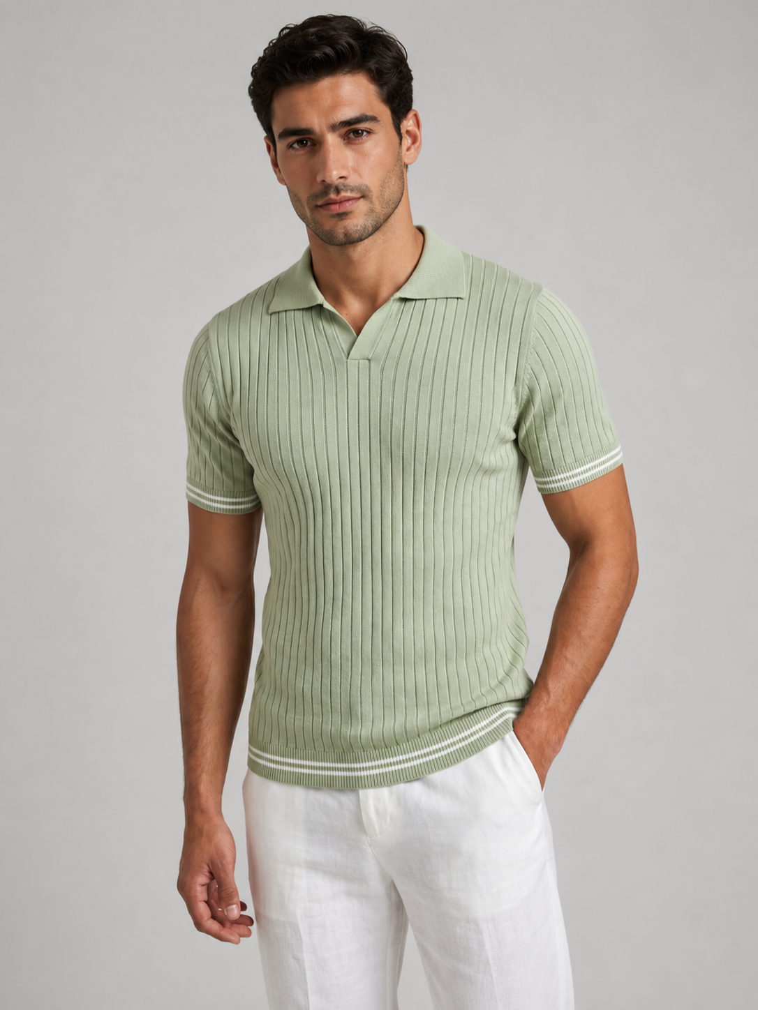 Men’s Ribbed Knit Polo with Open Collar