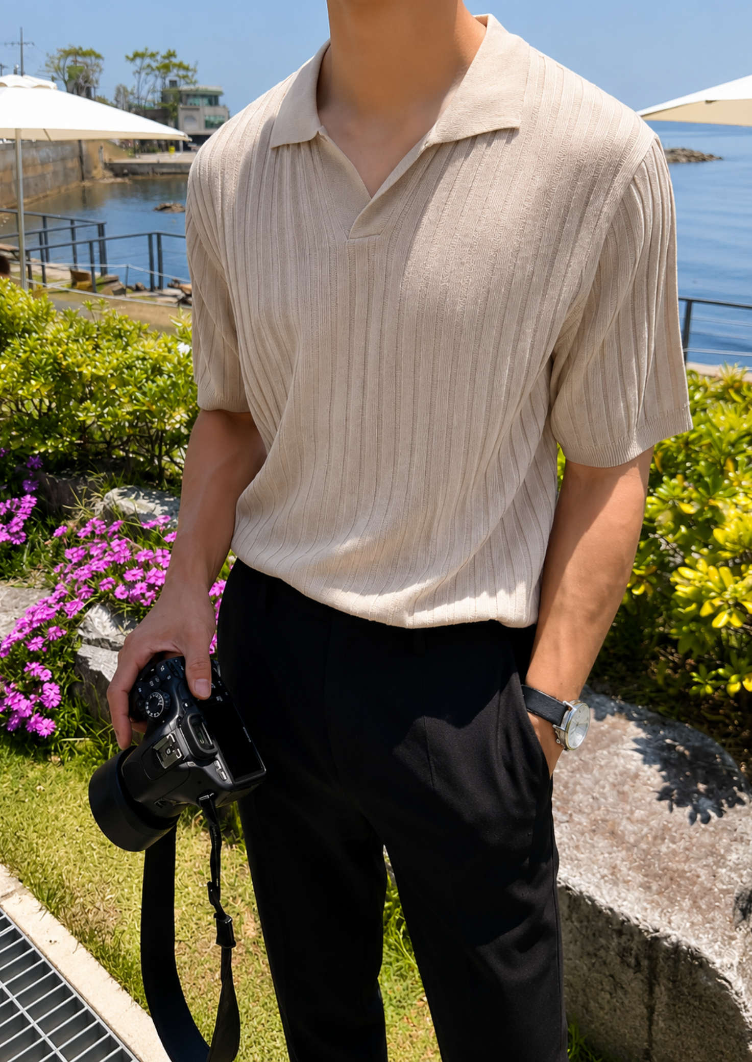 Men’s Ribbed V-Neck Polo Shirt with Short Sleeves