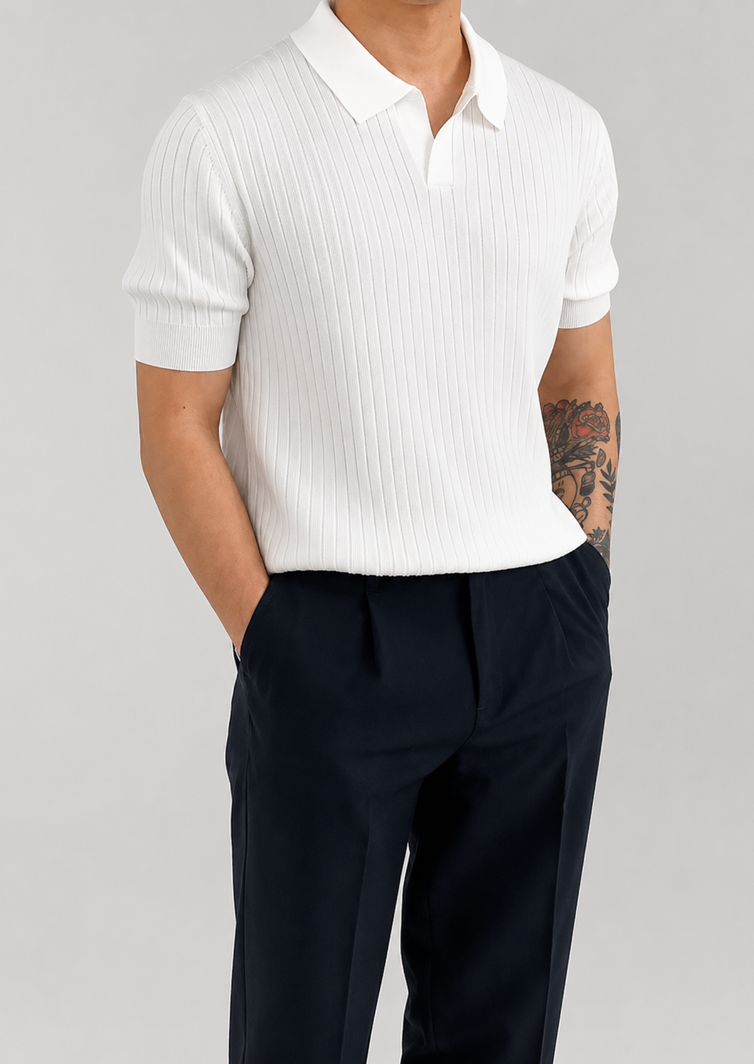 Men’s Ribbed V-Neck Polo Shirt with Short Sleeves
