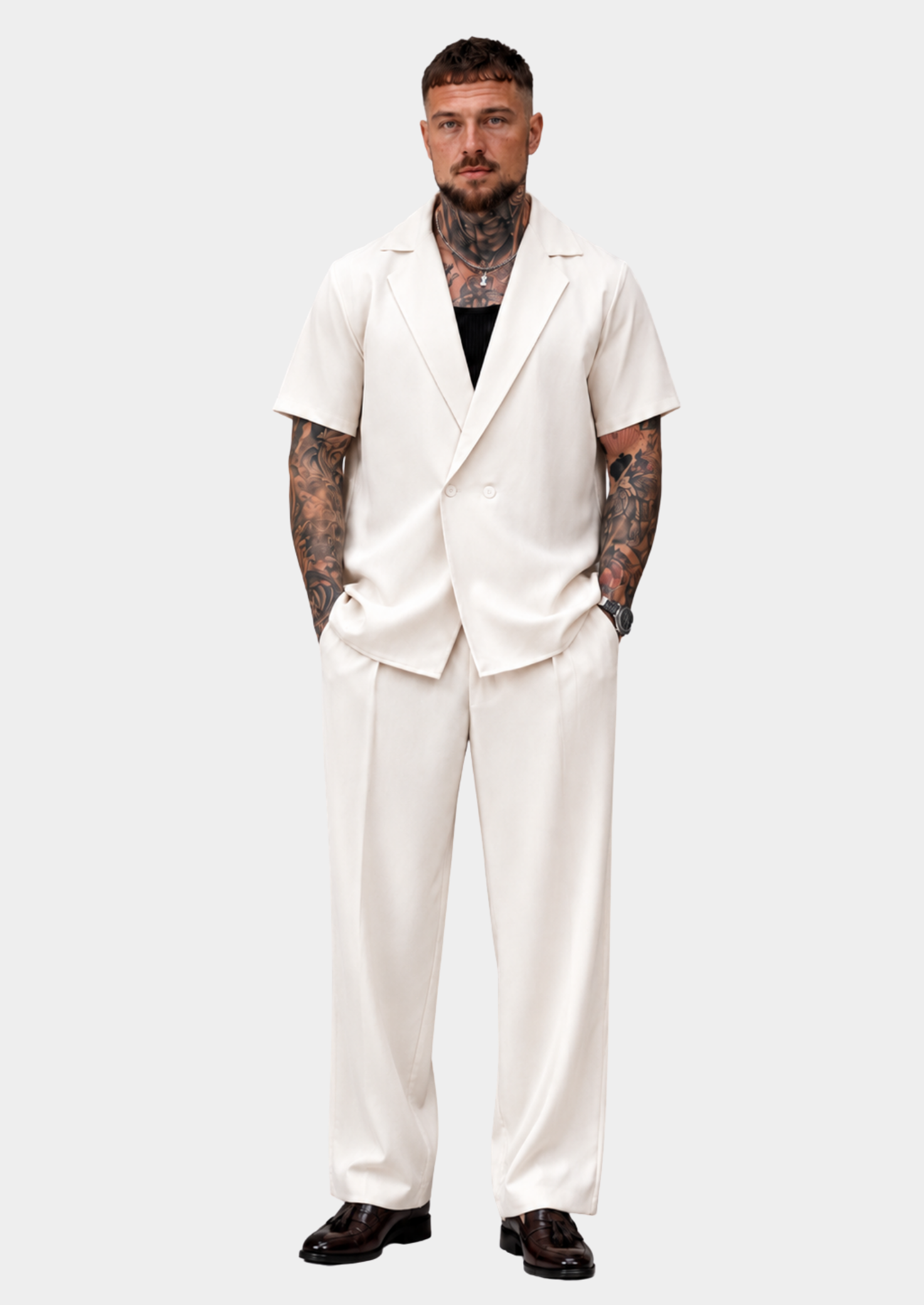 Men’s Short Sleeve Blazer and Trouser Set with Notched Collar