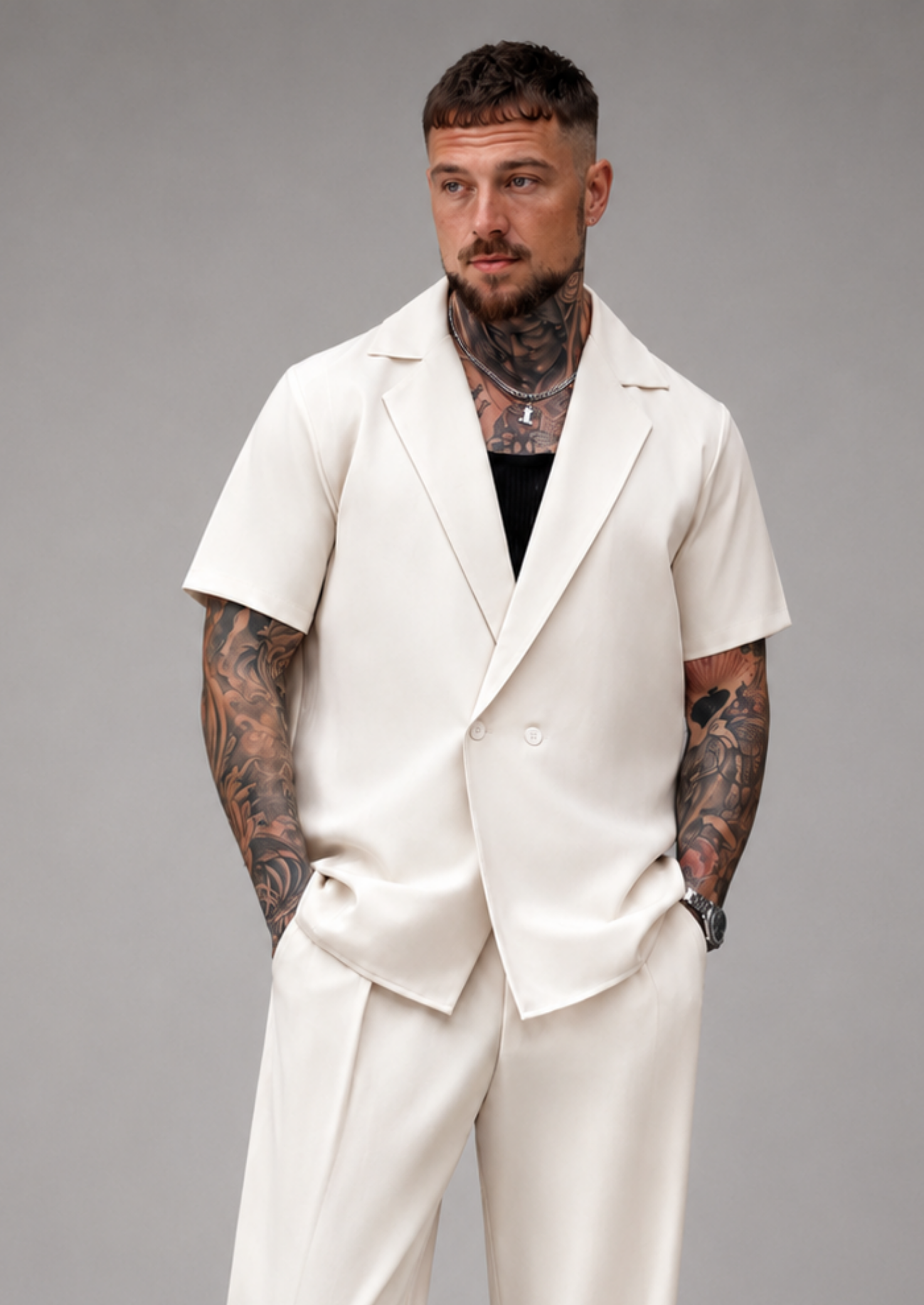 Men’s Short Sleeve Blazer and Trouser Set with Notched Collar