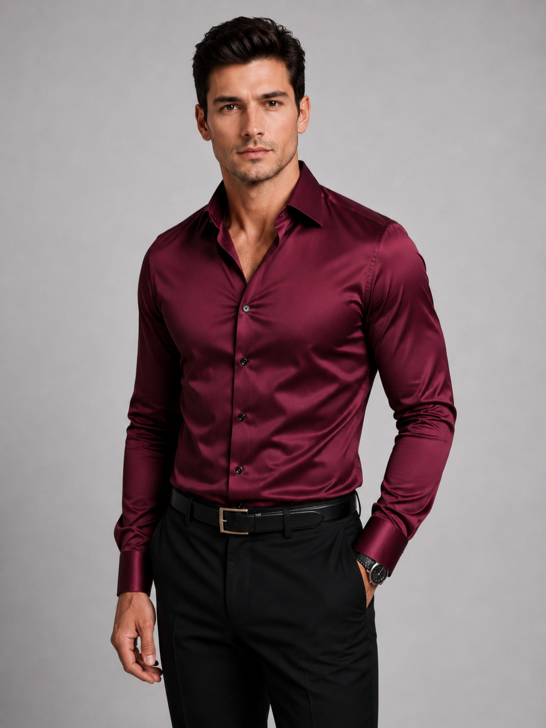 Men’s Slim Fit Button-Front Shirt with Satin Feel