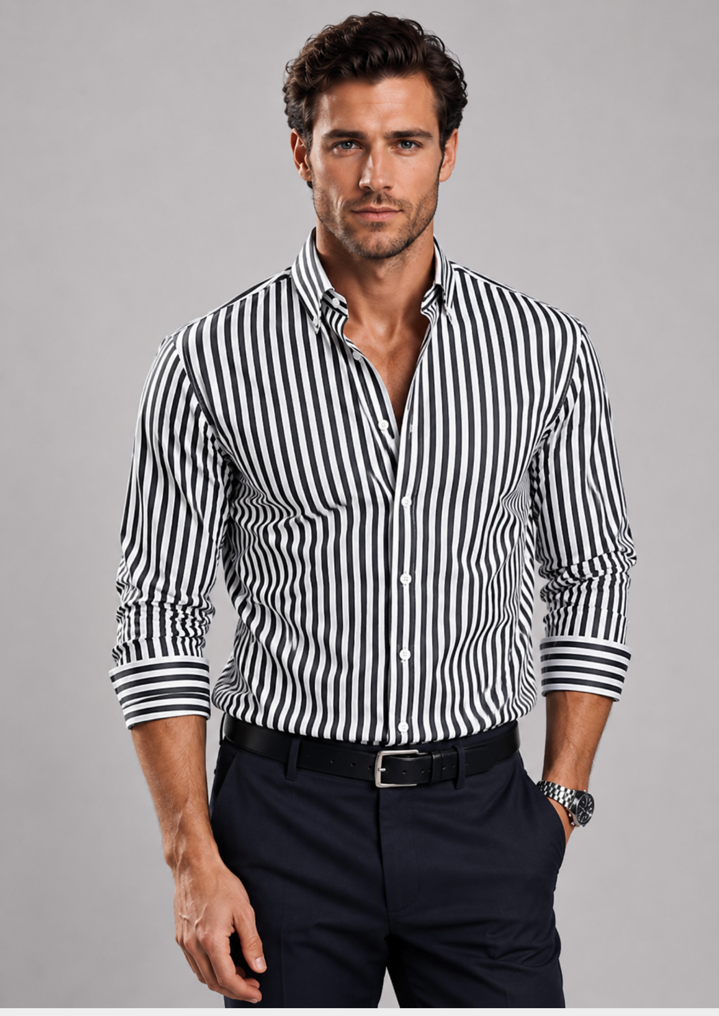 Men’s Striped Button-Up Shirt with Long Sleeves