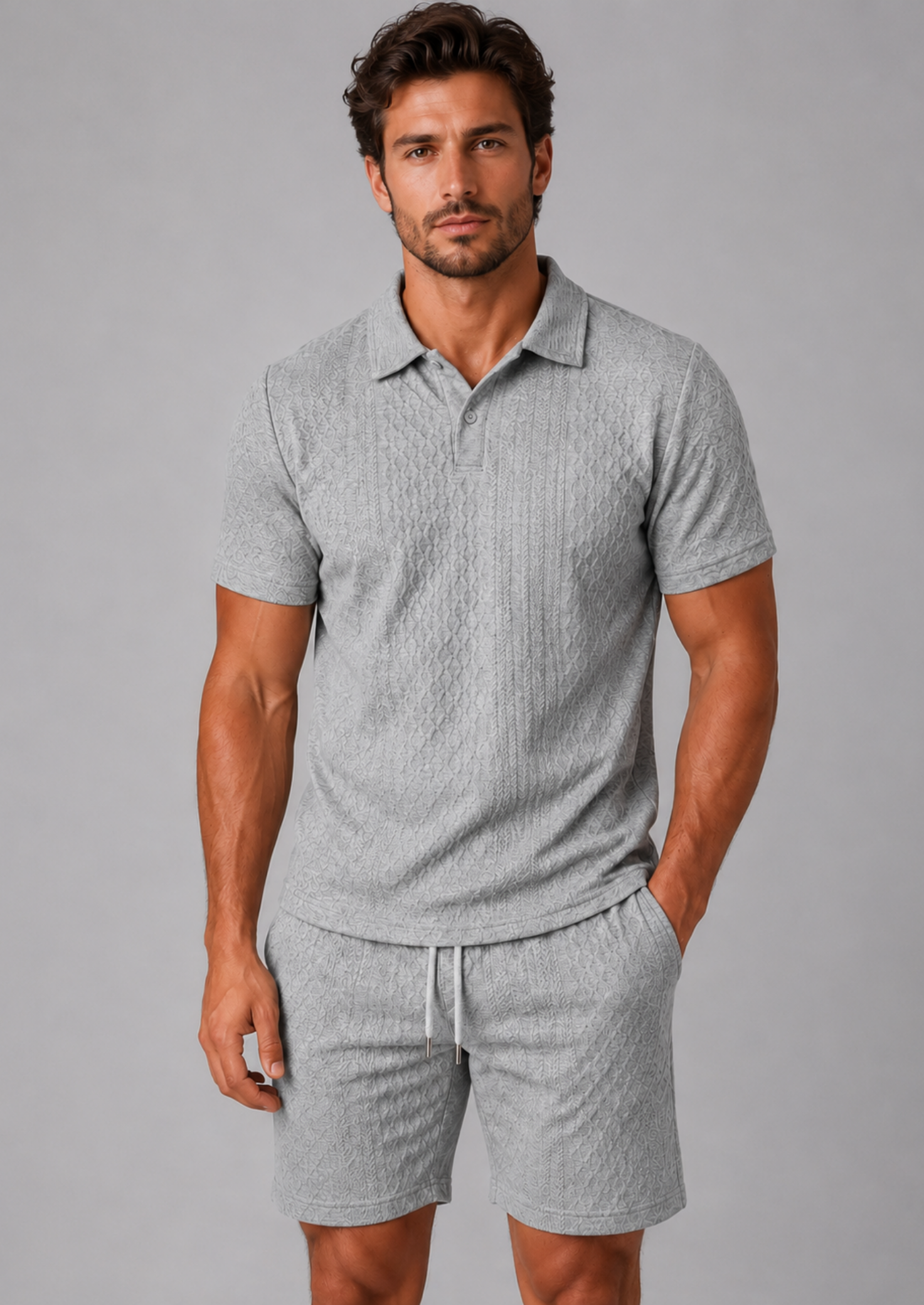 Men’s Textured Polo Shirt and Shorts Set