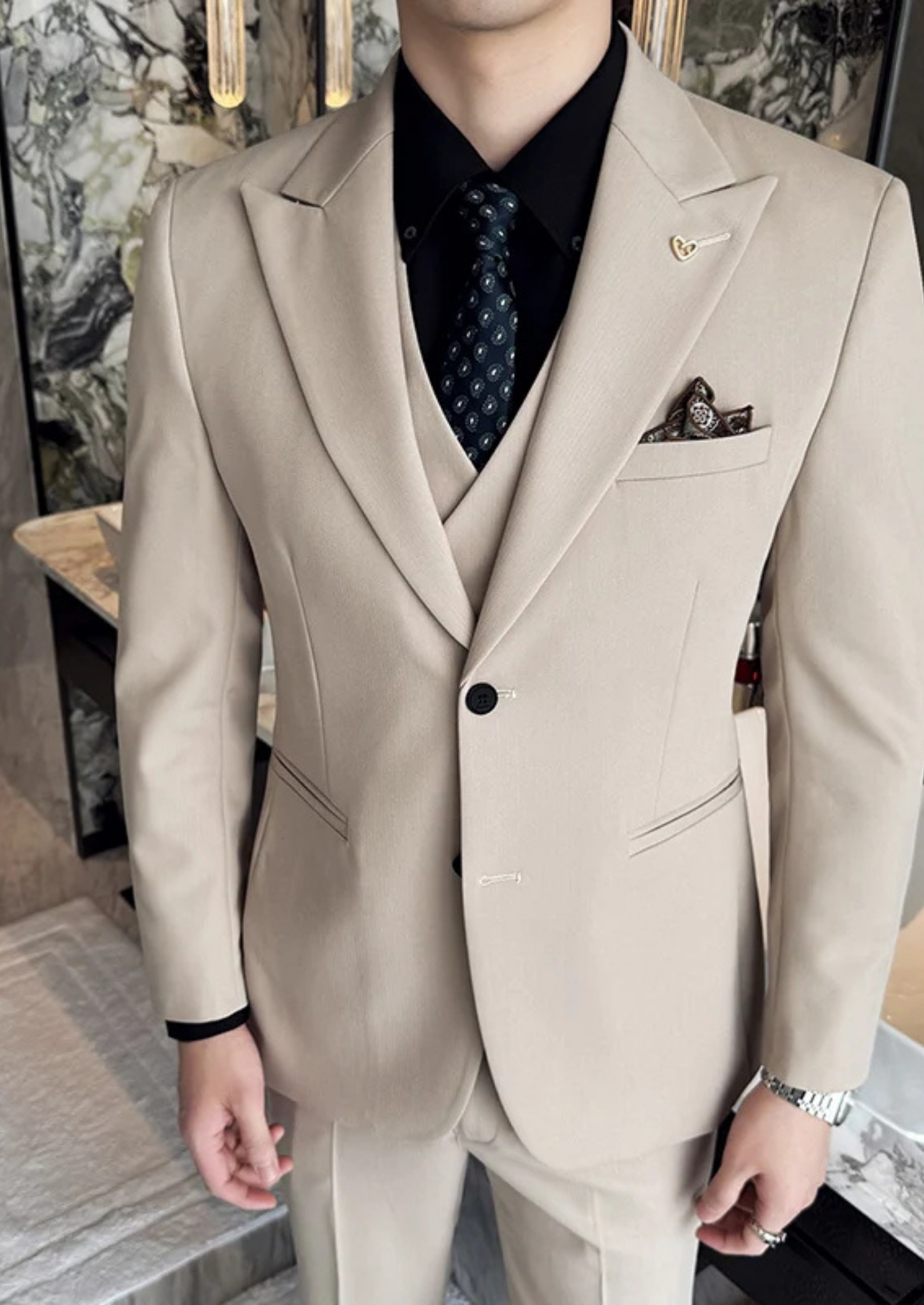 Men’s Three-Piece Suit Set with Two-Button Blazer